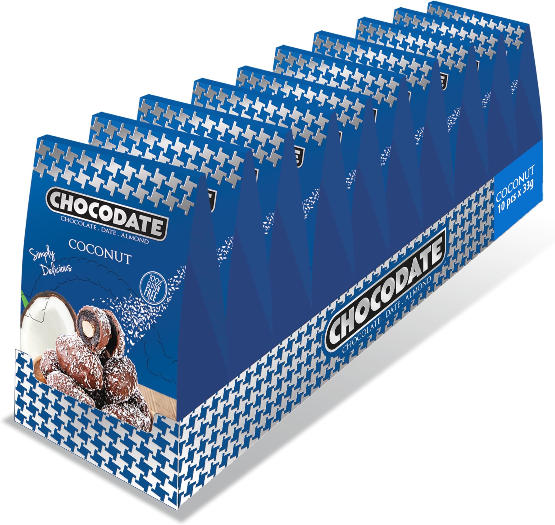 Chocodate Coconut and Chocolate Coated Dates with Roasted Almonds, Bite Size Snack, Gluten-Free - 33g x 10