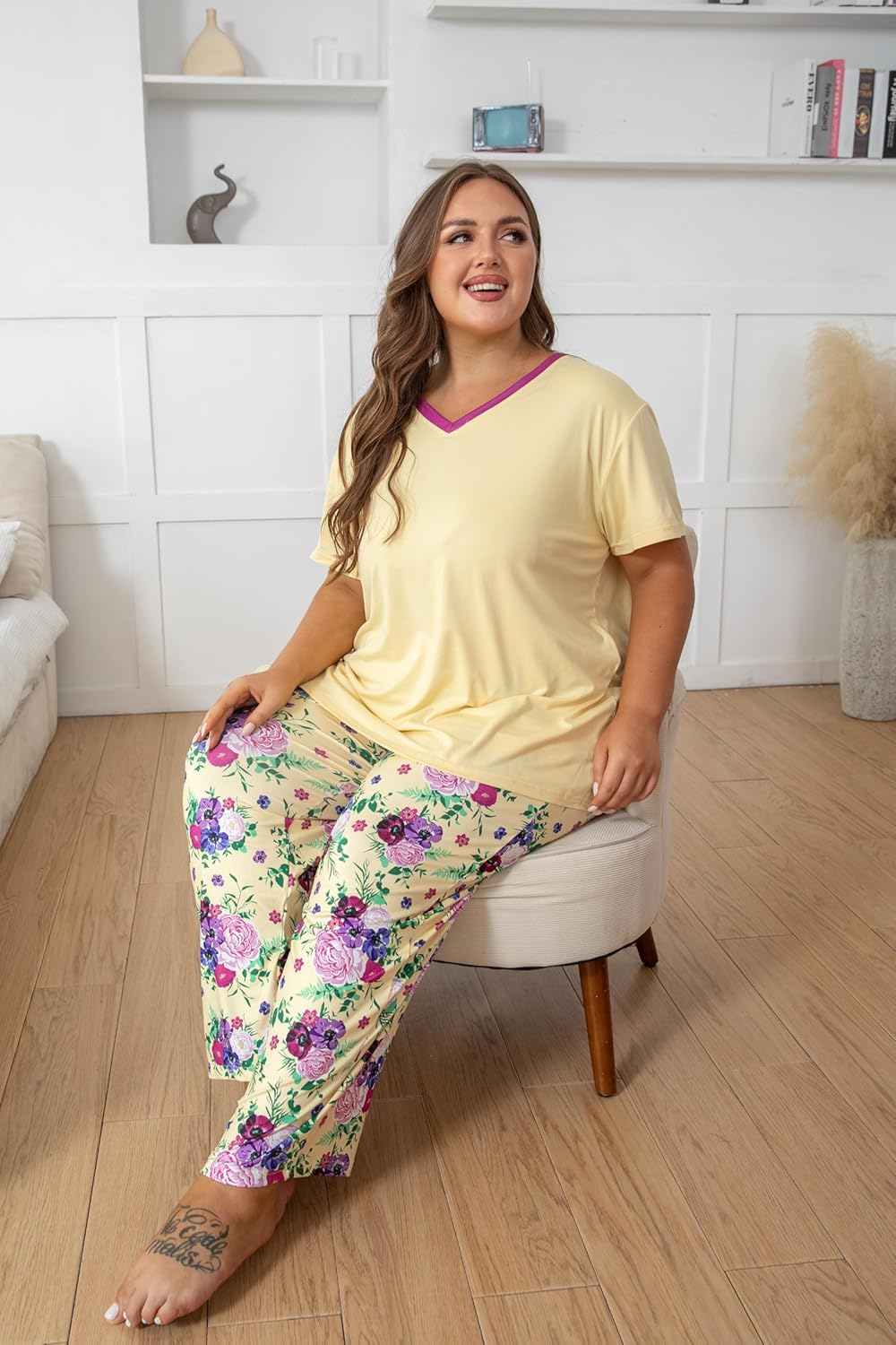 Vozanet Women's Pajama Sets Short Sleeve with Long Pant Soft Sleepwear Printed pj Loungewear With TWO Pockets Size 1X to 5X - Image 4