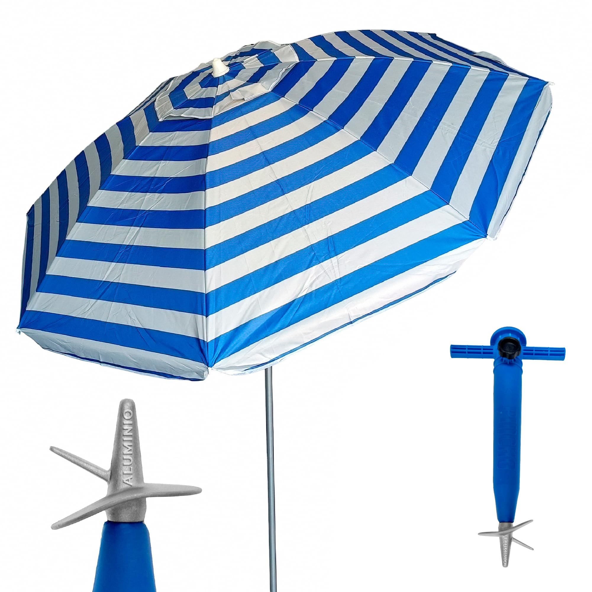 Pincho Sombrilla playa grande Ø200 cm, antiviento, protección uv 50, materiales de calidad, tubo de aluminio, varillas de fibra de vidrio, palo reclinable, incluye punta de alu (Marinera)