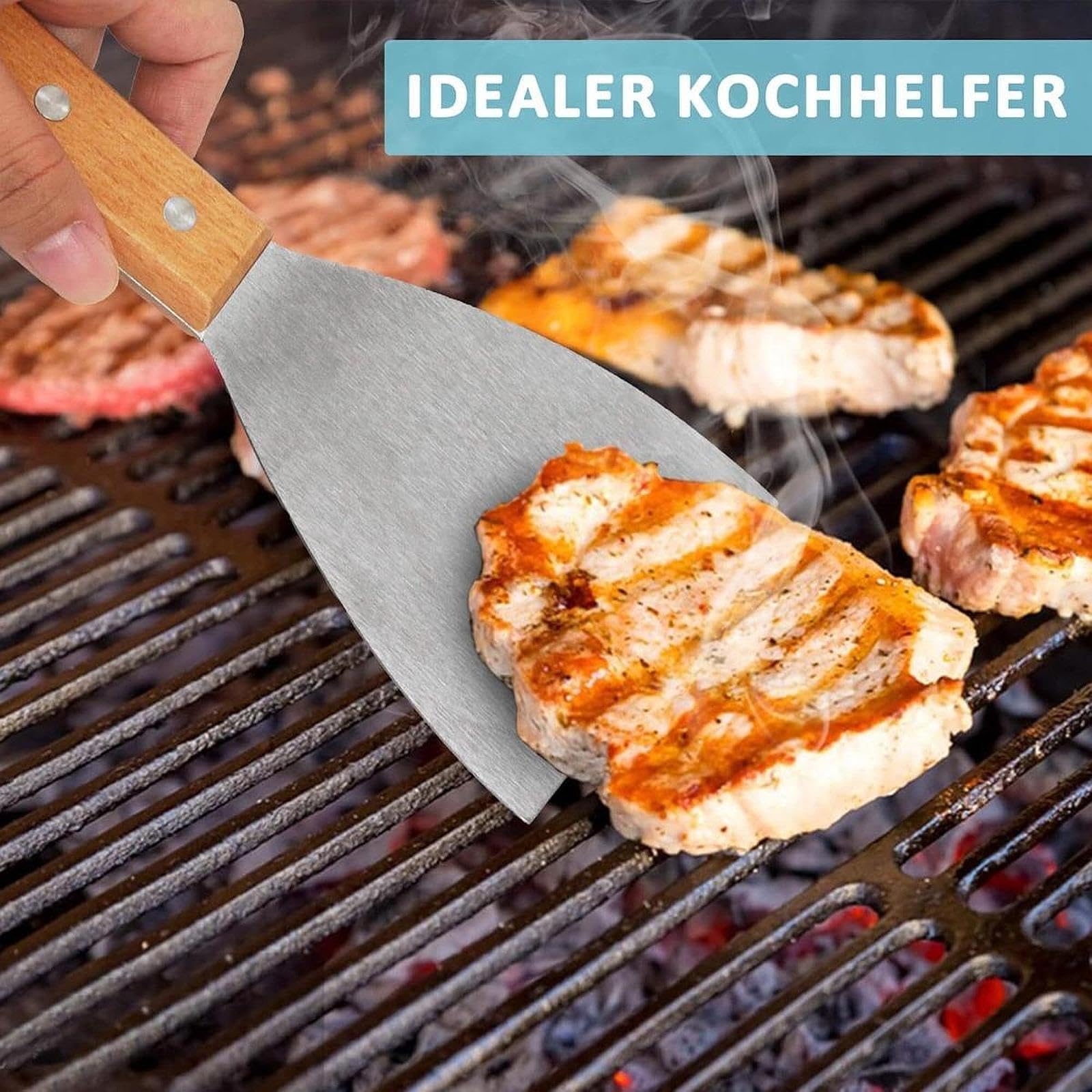 2 Pezzi Spatola BBQ Kit Accessori Barbecue Giraverdure Griglia Acciaio Inossidabile Manico in Legno Ergonomico Adatto per Picnic Cucina All’aperto Eve, 5 Pezzi