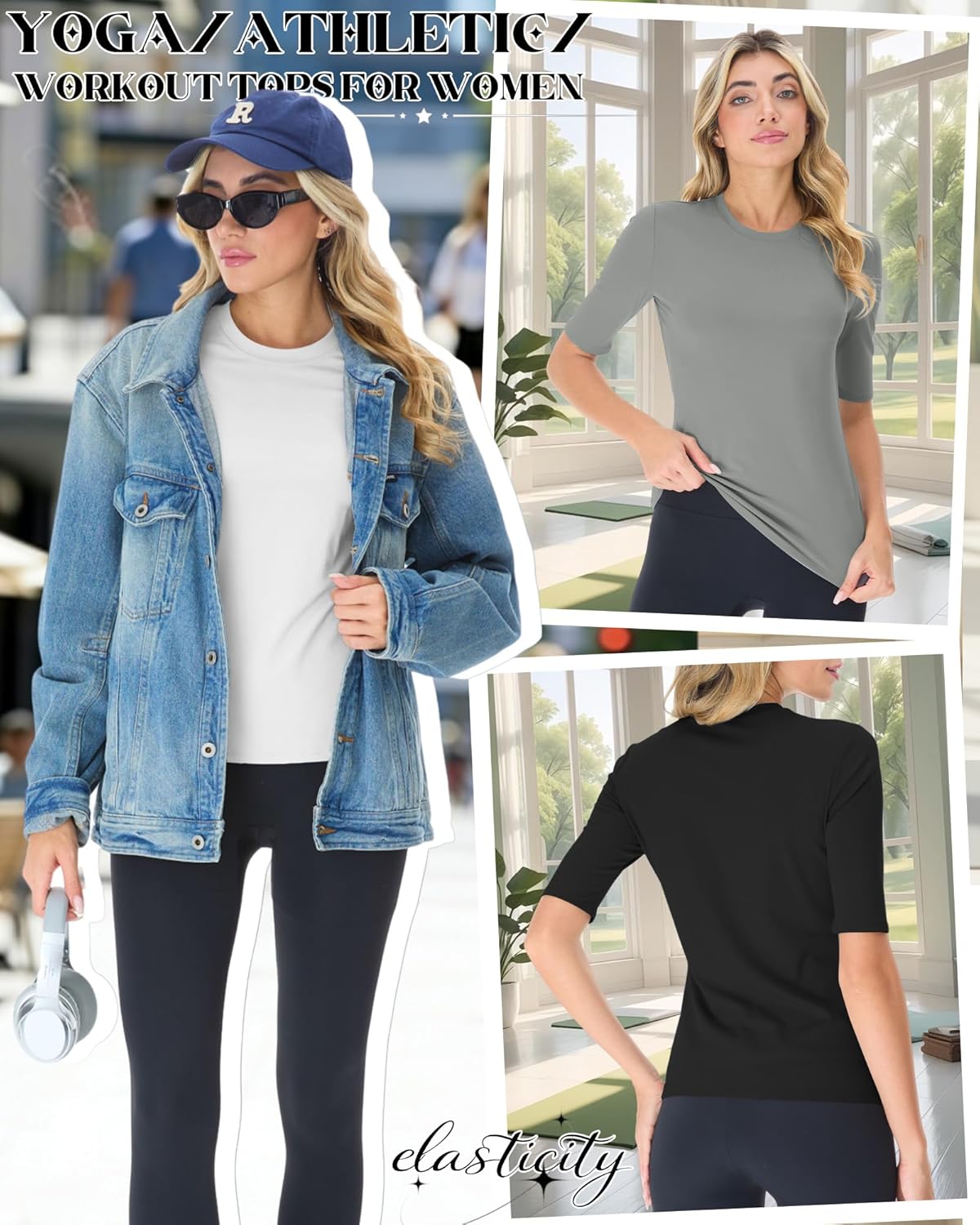 3 Pack Women's Workout Shirts Half Sleeve Compression Tops Slim Fit Elbow Length Tee Athletic 1/2 Sleeve T-Shirts