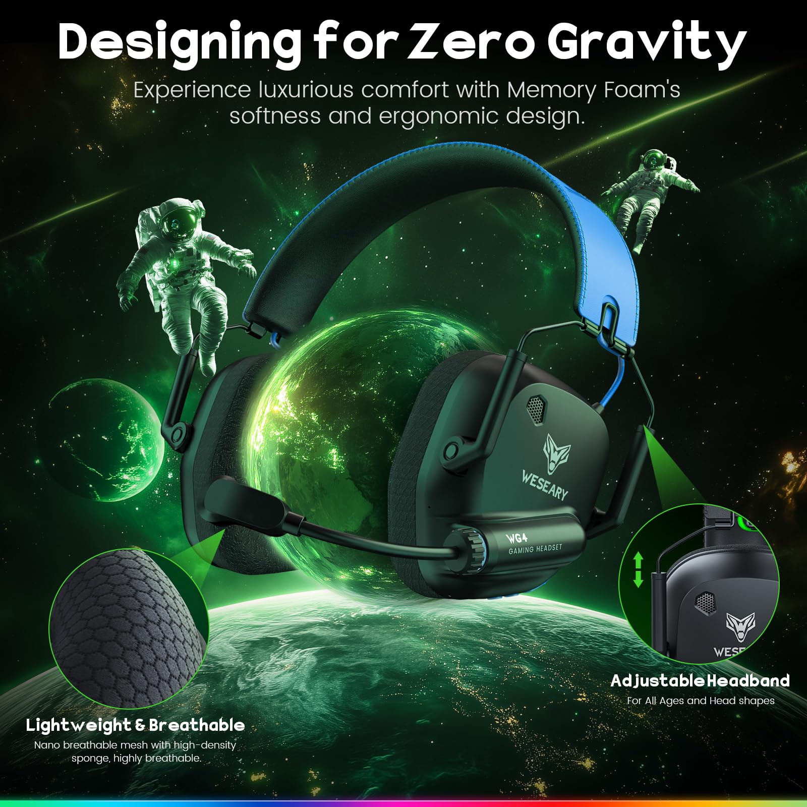 WESEARY WG4 Casque Gaming sans Fil, 2,4 GHz Casque Bluetooth sans Fil avec Micro pour PS5, PS4, PC, Switch, Mac, Mobile, Casque Gaming Pliable, Batterie de 45h