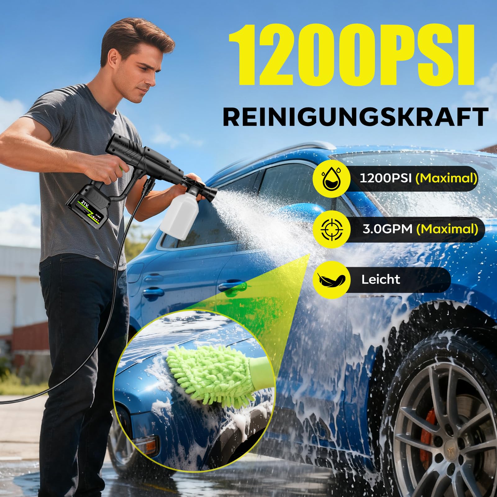 YKYI Akku Hochdruckreiniger - 7m Schlauch, 6-in-1 Düse & 30 Druckstufen, mit 21V Akku, 1200 PSI Portable Pressure Washer für Auto, Garten, Fenster & Camping