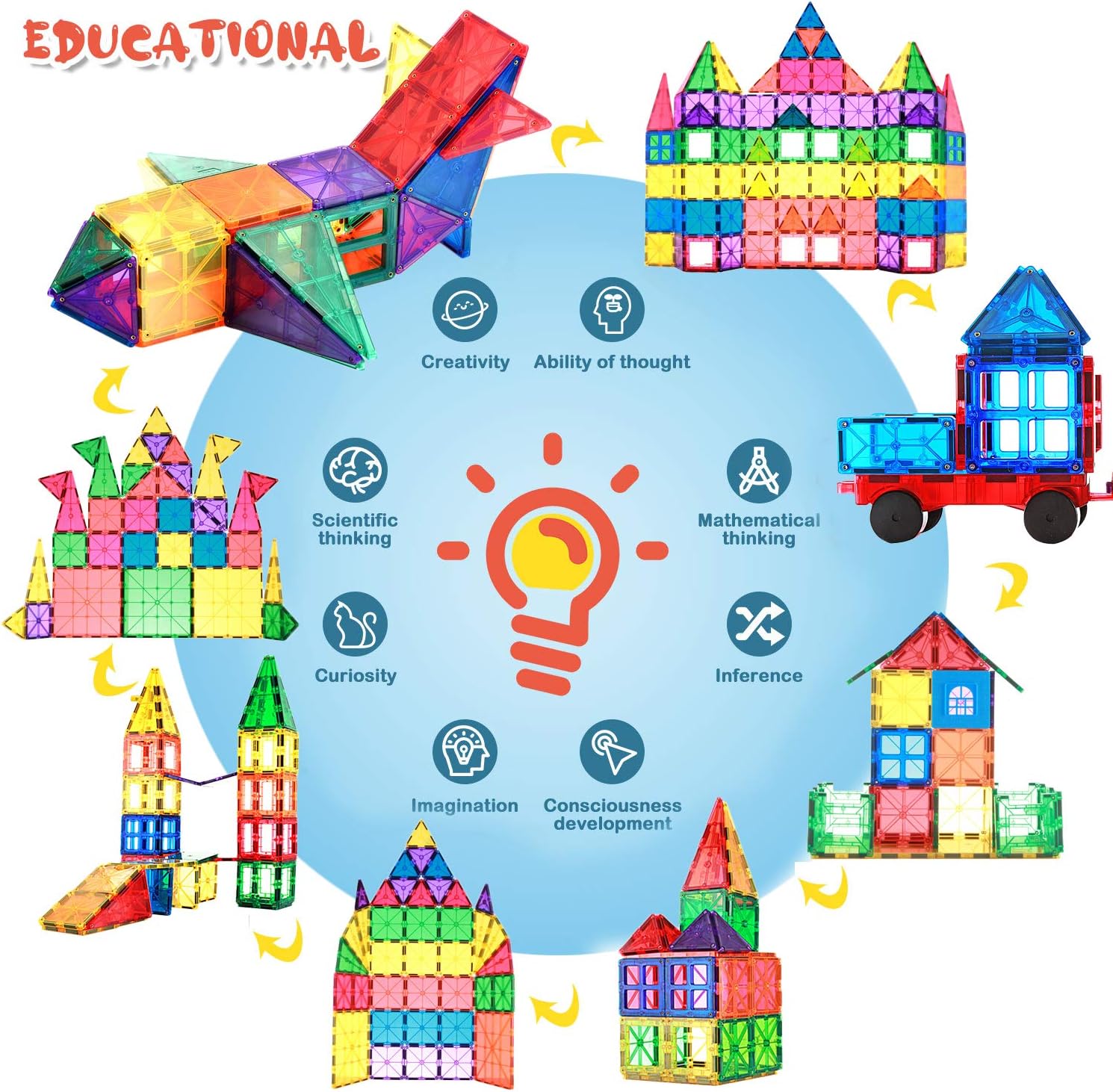 Magnetic Building Tiles, 48pcs Colorful 3D Transparent Magnet Building Blocks Set, Educational Toy Gift for Kids Boys Girls (48PCS)