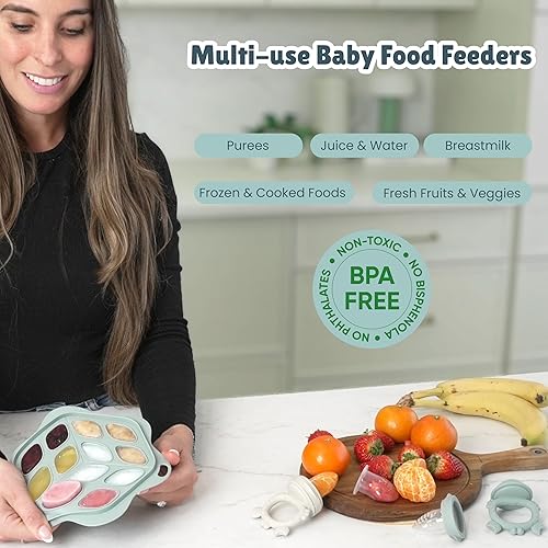 Miniatura 4 de Alimentador de alimentos de frutas, babero y moldes para paletas de leche materna para aliviar la dentición, juego de 3 con bandeja y tapa para