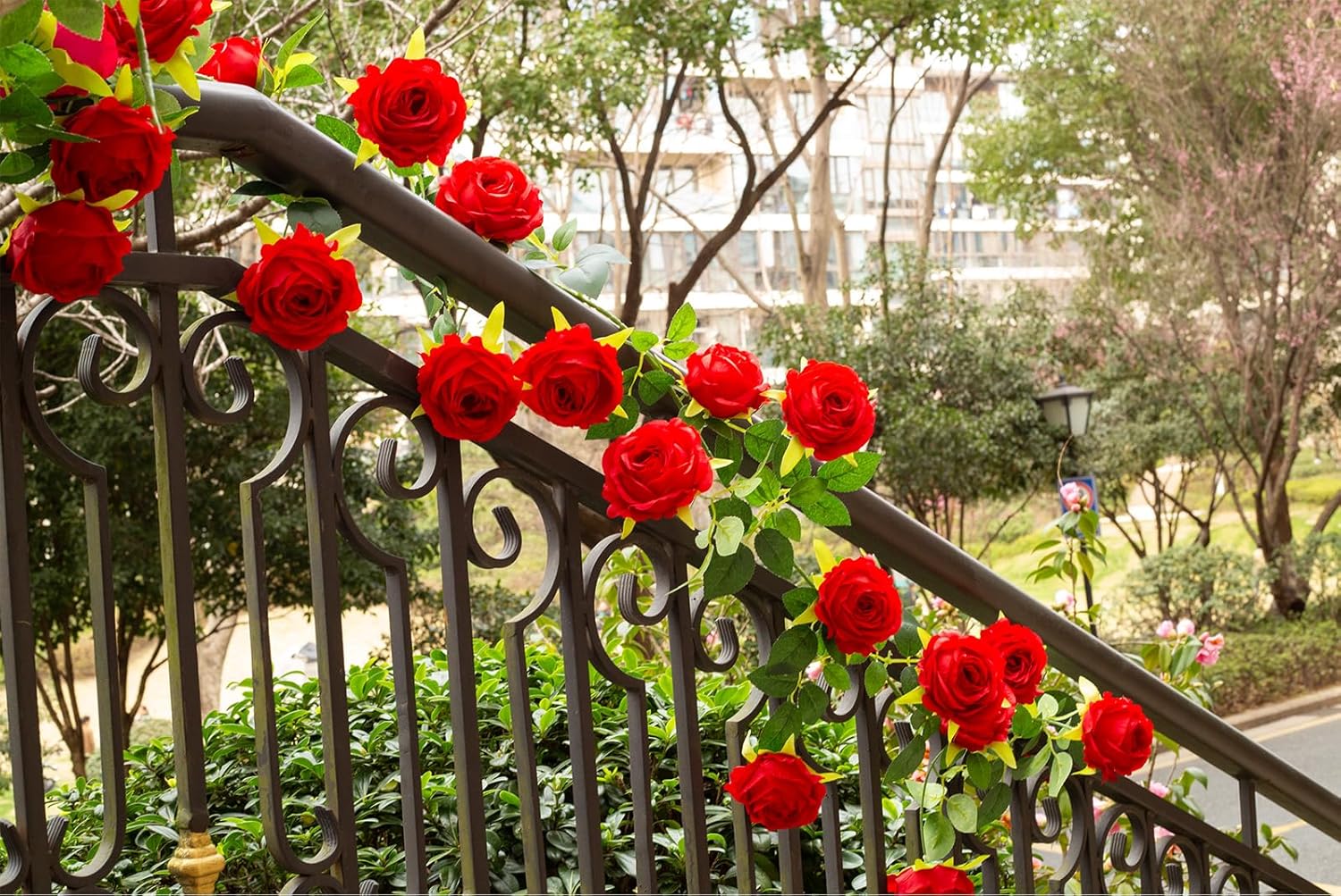2Pcs 12Ft Bendable Artificial Flower Garland Faux Rose Vine Hanging Floral Garland for Wall Decor Trellis Fence Home Room Garden Wedding Decoration(Red, 2pcs)