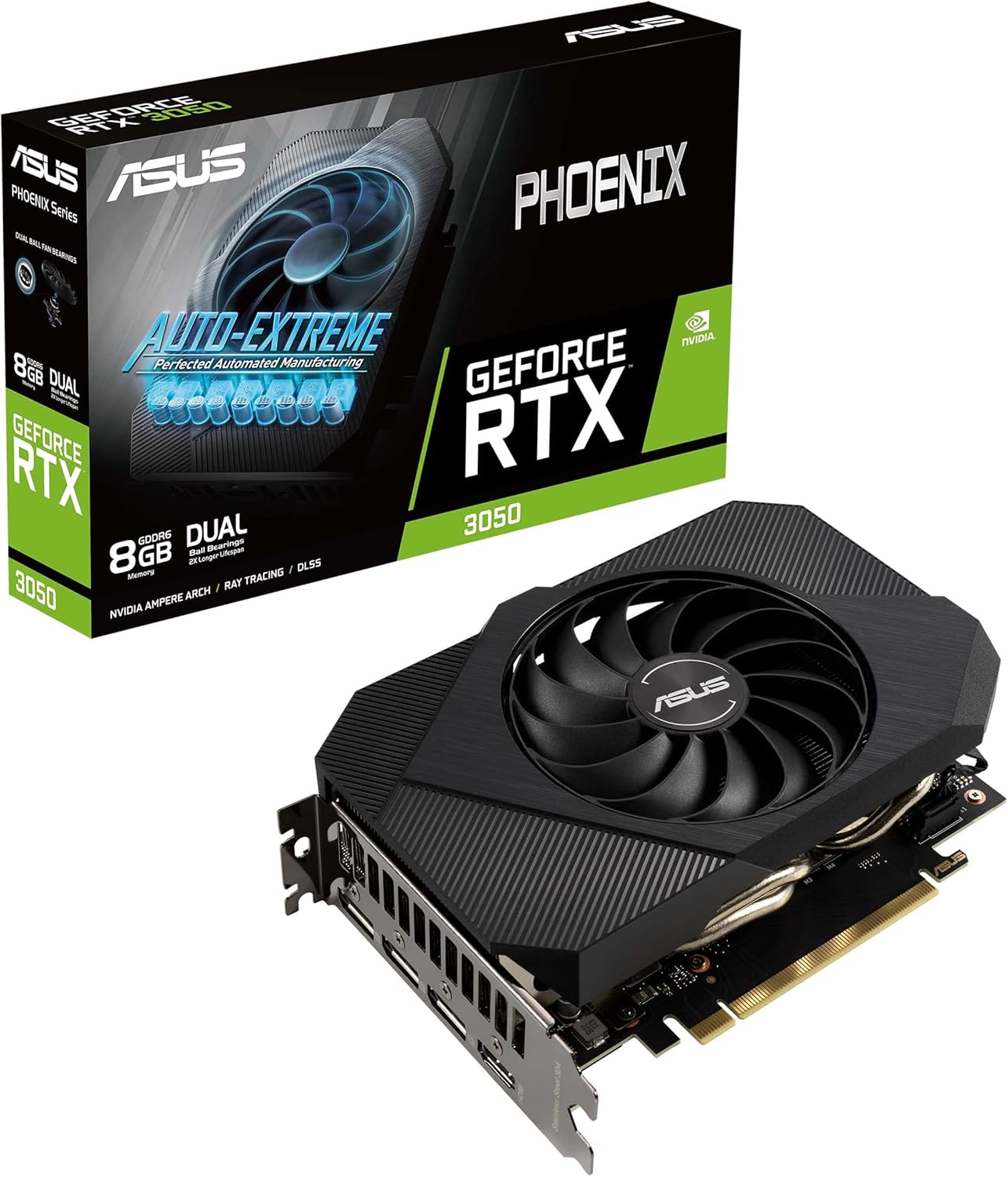 ASUS Phoenix NVIDIA GeForce RTX 3050 Scheda Grafica, 8 GB GDDR6, PCIe 4.0, HDMI 2.1, DisplayPort 1.4a, Nero ASUS Phoenix NVIDIA GeForce RTX 3050 Scheda Grafica, 8 GB GDDR6, PCIe 4.0, HDMI 2.1, DisplayPort 1.4a, Nero