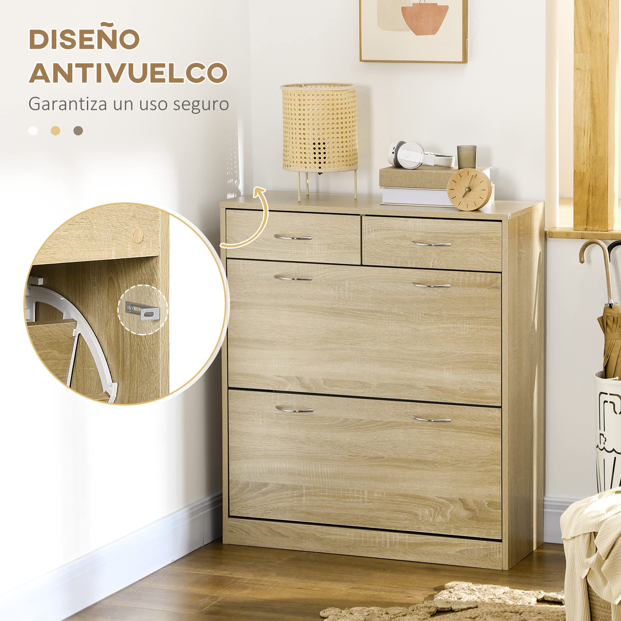 HOMCOM Armario de Zapatos Zapatero de Madera para 12 Pares de Zapatos con 2 Puertas Abatibles y 2 Cajones para Salón Pasillo 80x30x91,5 cm Roble