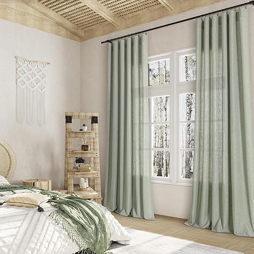 Miniatura 2 de Cortinas de lino verde salvia de 84 pulgadas de largo para dormitorio, 2 paneles de cortinas filtrantes de luz, para primavera, verano, bohemio,