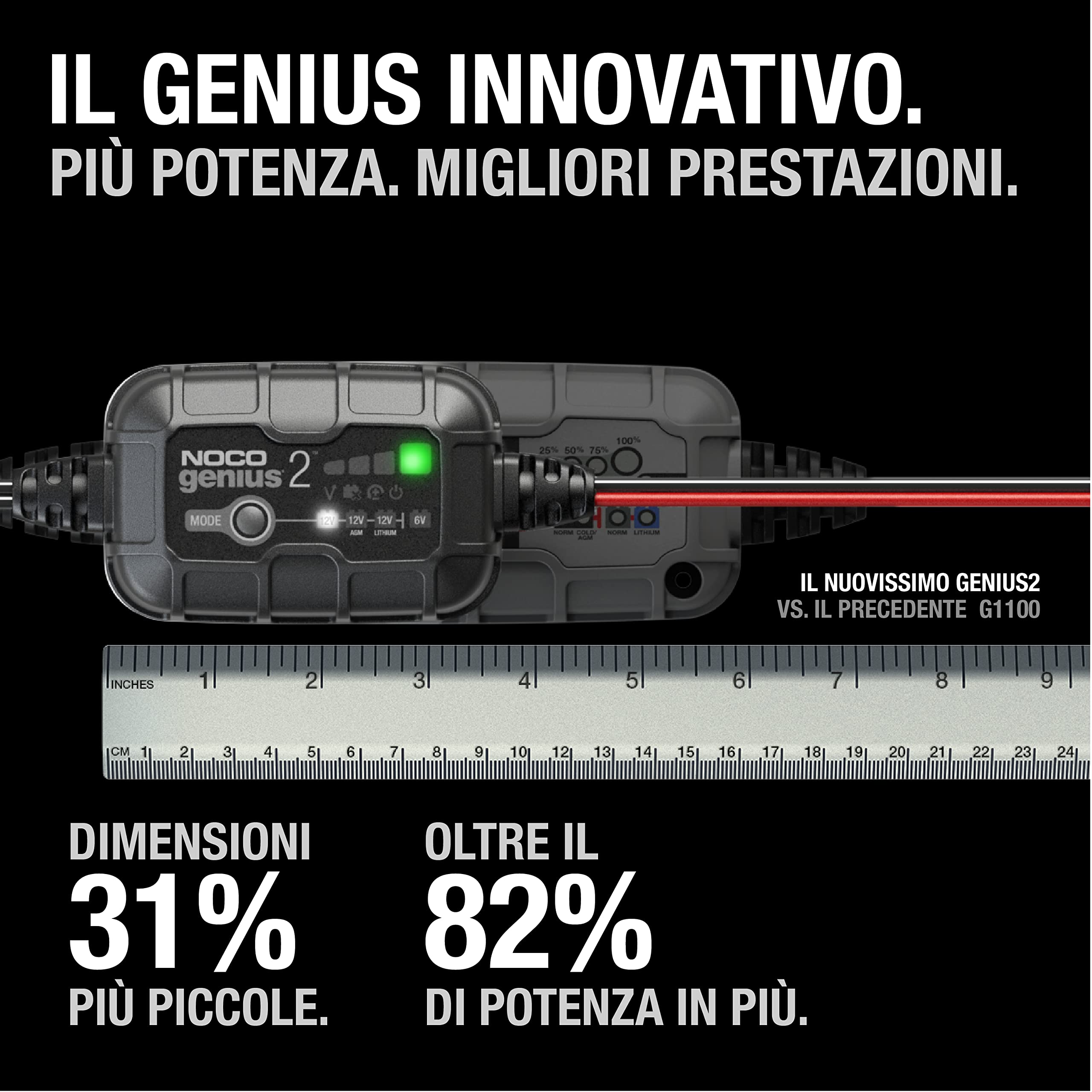 NOCO GENIUS2: Caricabatterie Intelligente 2A 6V/12V – Mantenitore di Carica e Desolfatatore con Protezione da Sovraccarico e Compensazione Termica – Per Batterie al Piombo e Litio