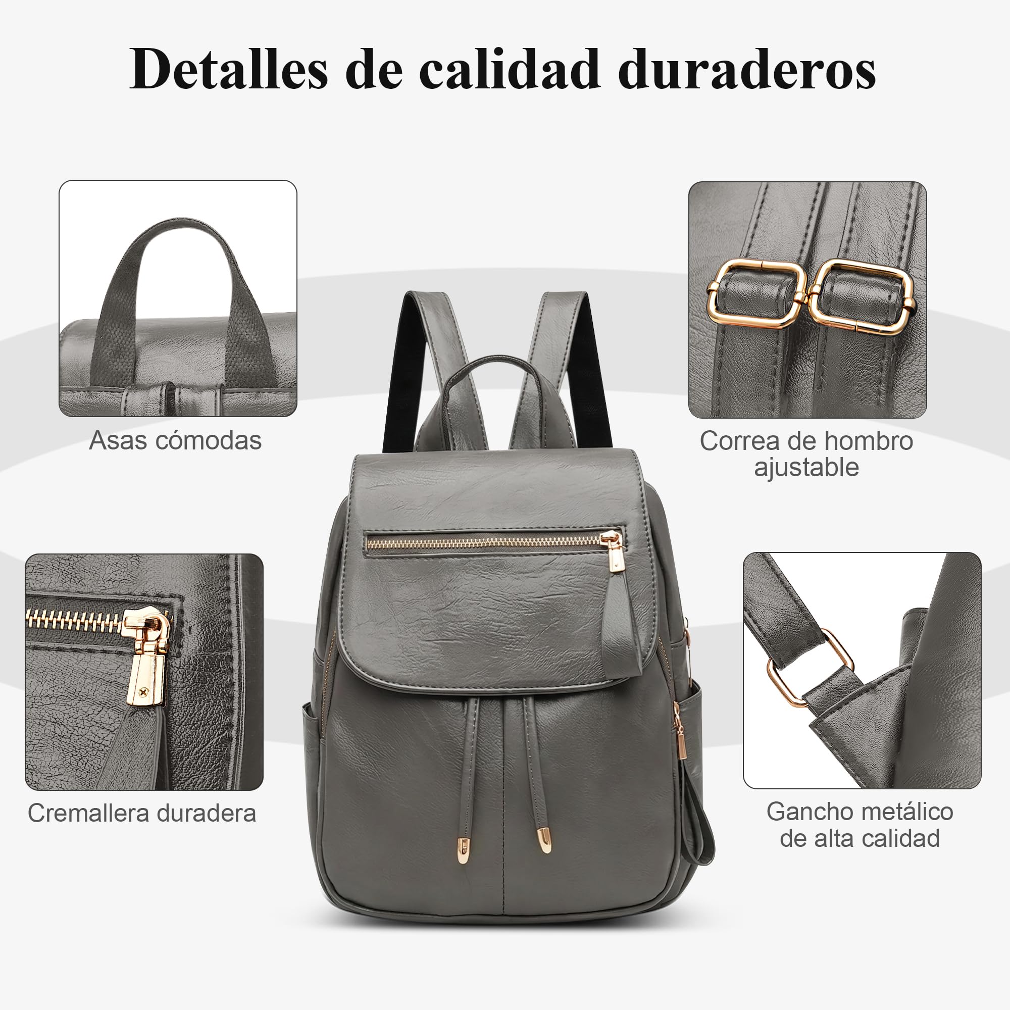 Moda Simple Mochila Mujer Diario Casual Trabajo Mochilas Elegante Bolso De Hombro Viaje Compras Escuela Cuero PU Impermeable Medio Antirrobo Bolso Bolsas De Hombro Gris