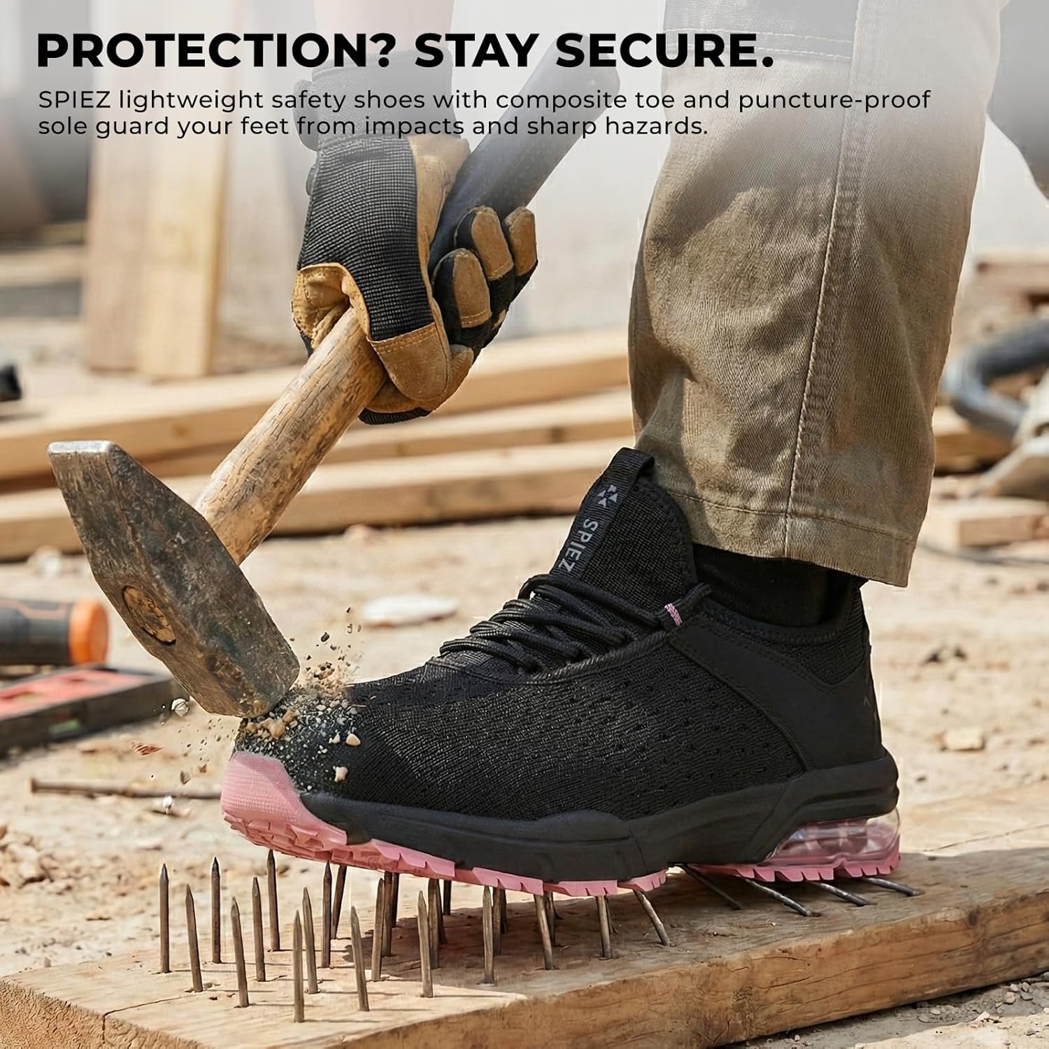 SPIEZ Women's Safety Shoes Lightweight - Air Cushioned Non-Steel Composite Toes, Puncture Proof, Fashion Slip on Work Shoes for Construction, Warehouse, Black Pink, Size 6-9.5 - Image 3