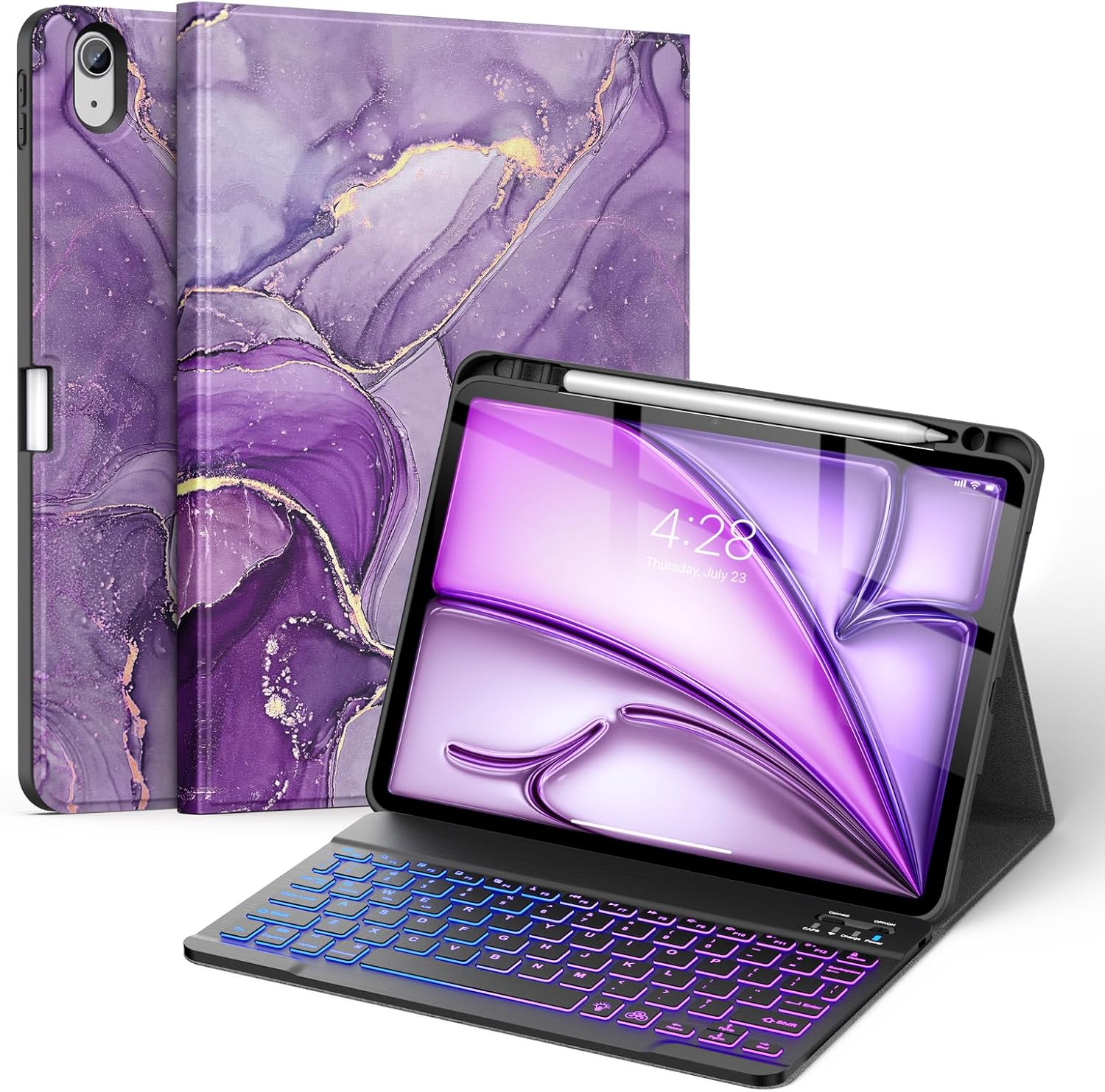 Soke Keyboard Case for iPad Air 11 Inch(M3 2025/M2 2024) & Air 5th/4th Generation - 7 Color Backlit Detachable Keyboard Cover with Pencil Holder, Purple Marble