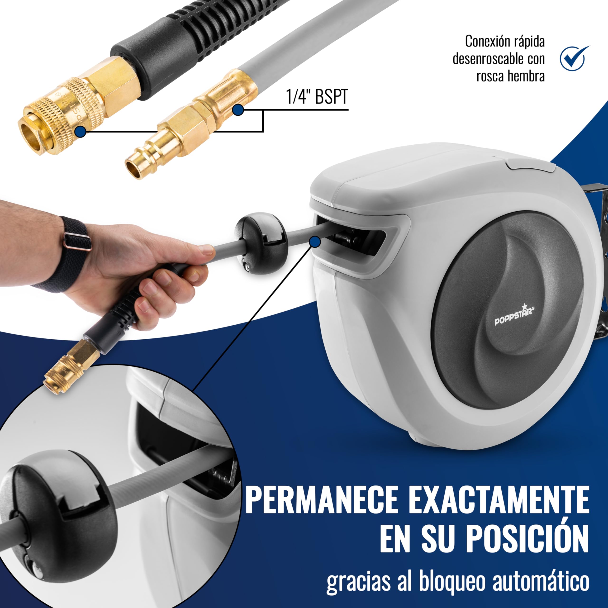 Poppstar Enrollador de manguera de aire comprimido (15m+1,1m, diámetro 3/8" (9,2 x 14 mm)), conexión 1/4" BSPT, carrete de manguera de aire comprimido de PVC híbrido