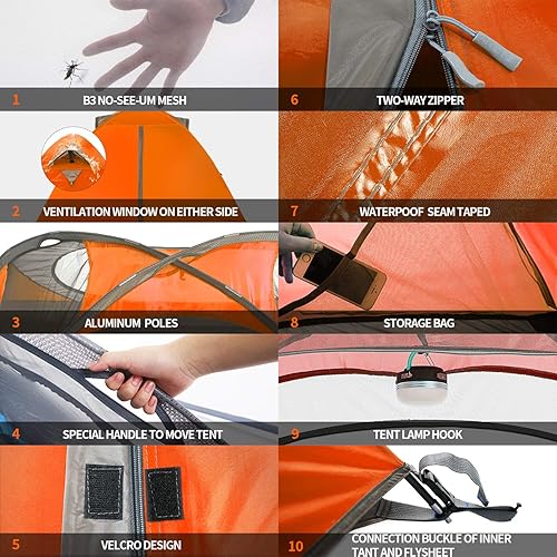 Miniatura 4 de BISINNA Tienda de campaña para 2 personas, tienda de campaña ligera para mochileros, impermeable, resistente al viento, dos puertas, fácil