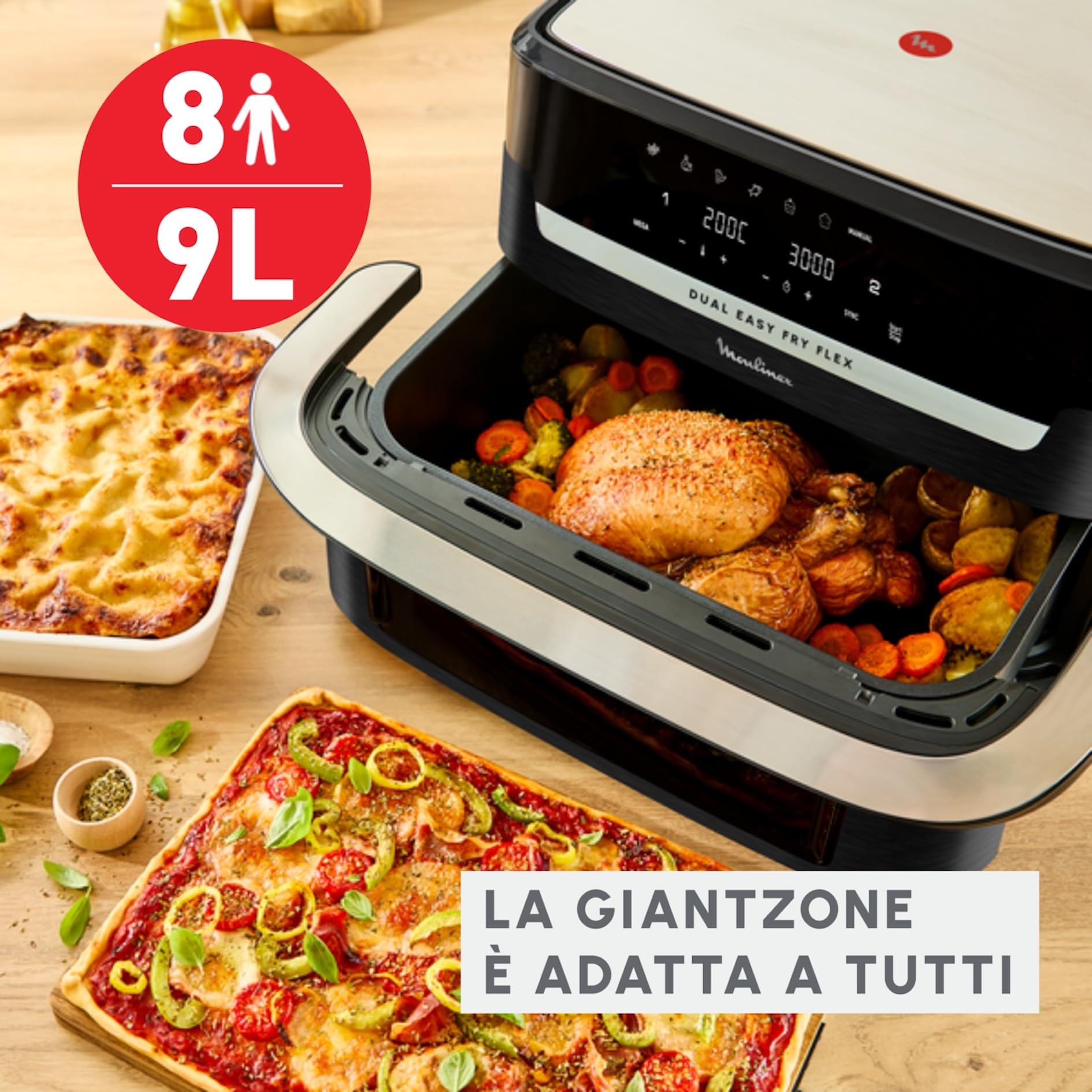 Moulinex Dual Easy Fry Flex Friggitrice ad Aria con Divisore, 2 Scomparti, FlexCook Technology, 2 resistenze superiori, Capacità fino a 9L/2,5kg, 8 Persone, 2700W, 7 Programmi, App My Moulinex, EZ9228