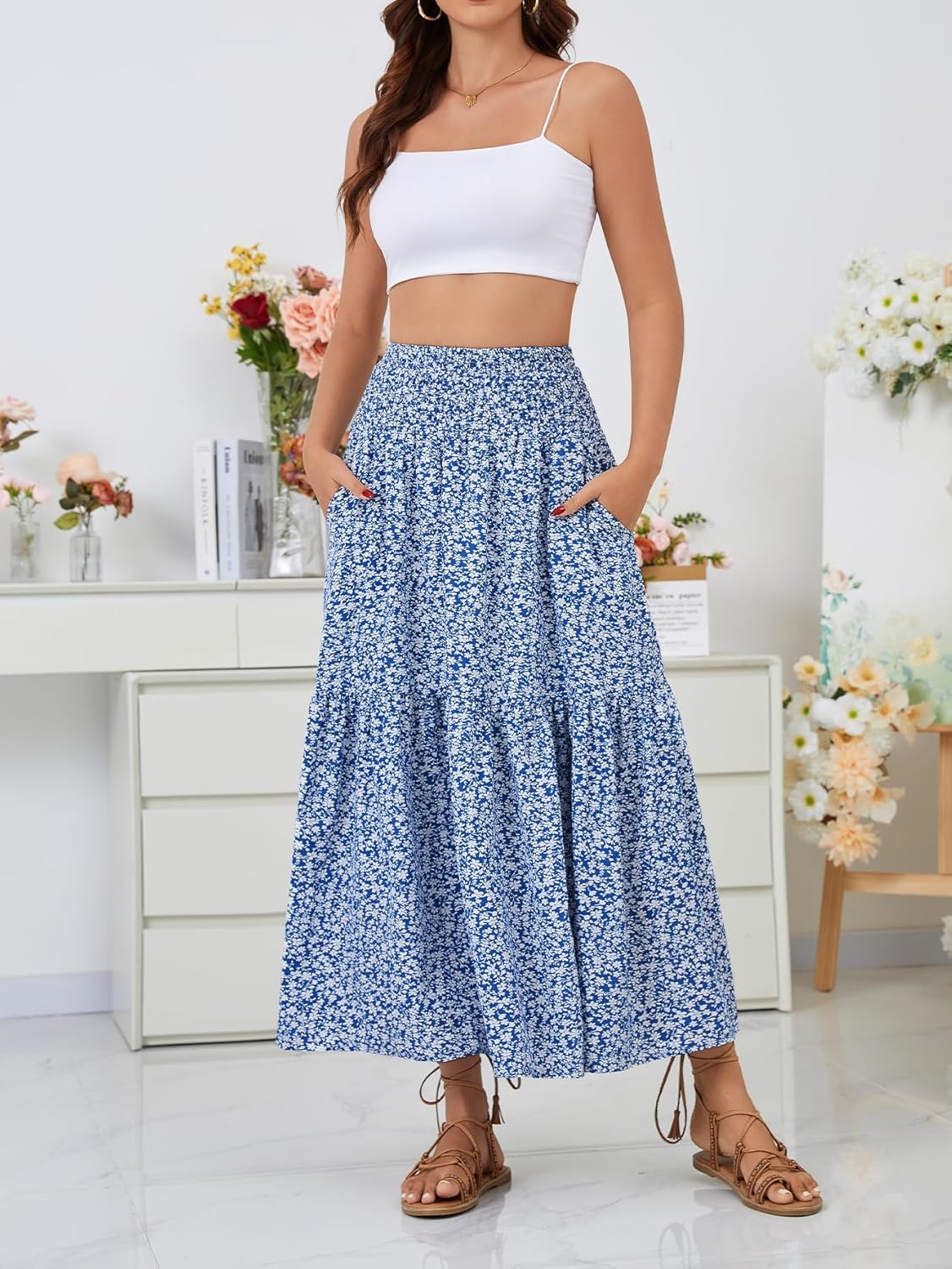 Women's Boho Maxi Skirt Floral Printed Smocked High Waist Long Skirts with Pockets Flowy Ruffle A-Line Summer Beach - Image 5