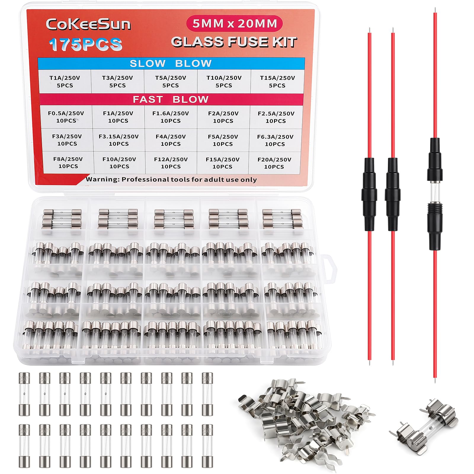 CoKeeSun Glass Fuses Kit, 5x20mm Fast-Blow + Slow-Blow, 211pcs