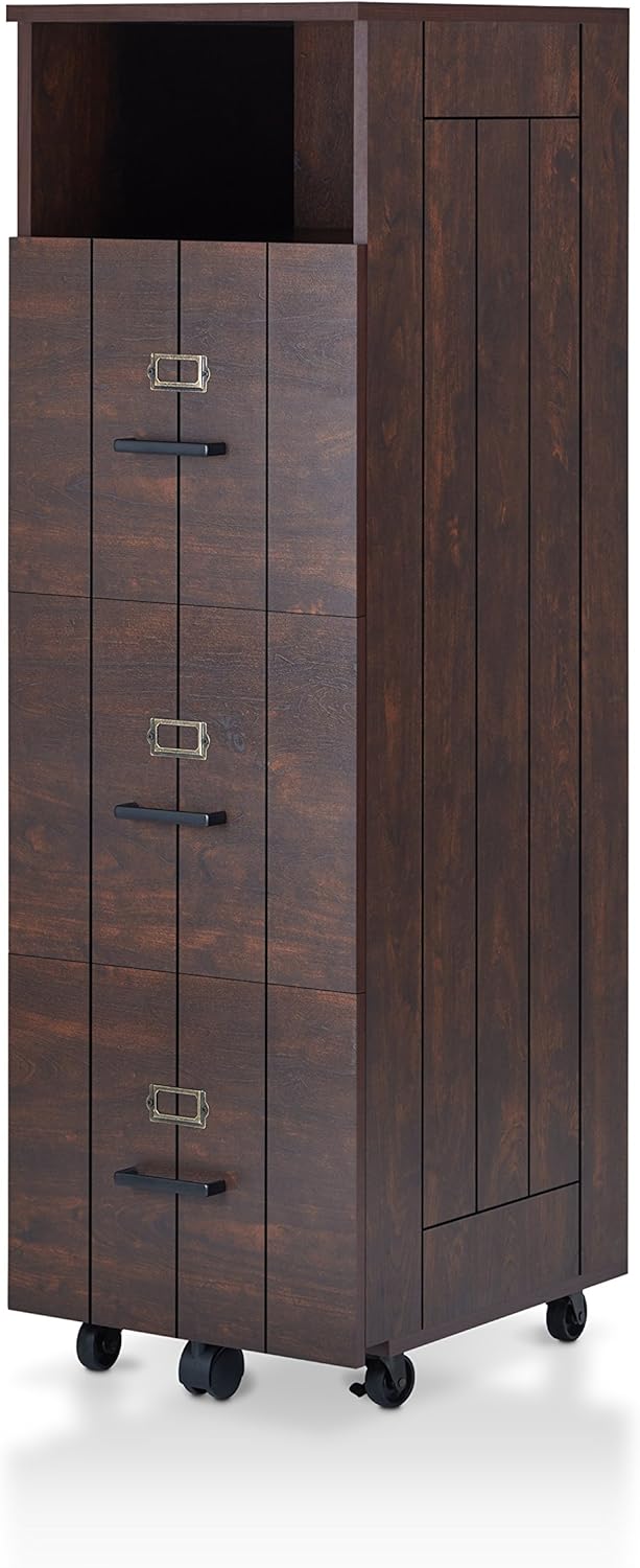 Furniture of America Gillian Rustic 1 Open Top Shelf, Plank-Style File Cabinet with 3-Drawer and Caster Wheels Base, Dark Brown