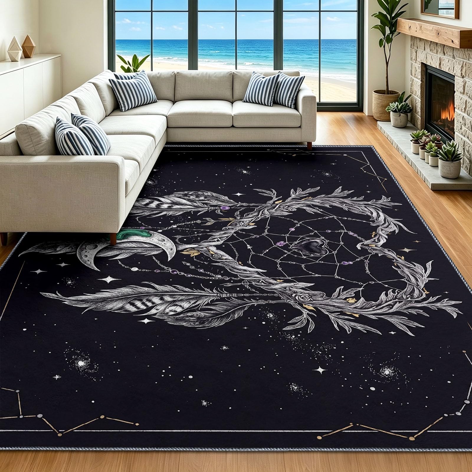 Generisch Teppich Wohnzimmer 120 x 180 cm Sternenhimmel Traumfänger Federn Muster - Teppich für Wohnzimmer Küche Schlafzimmer Und Flur, Weich rutschfest Fantasy Mysteriös Tepich Einfache Reinigung