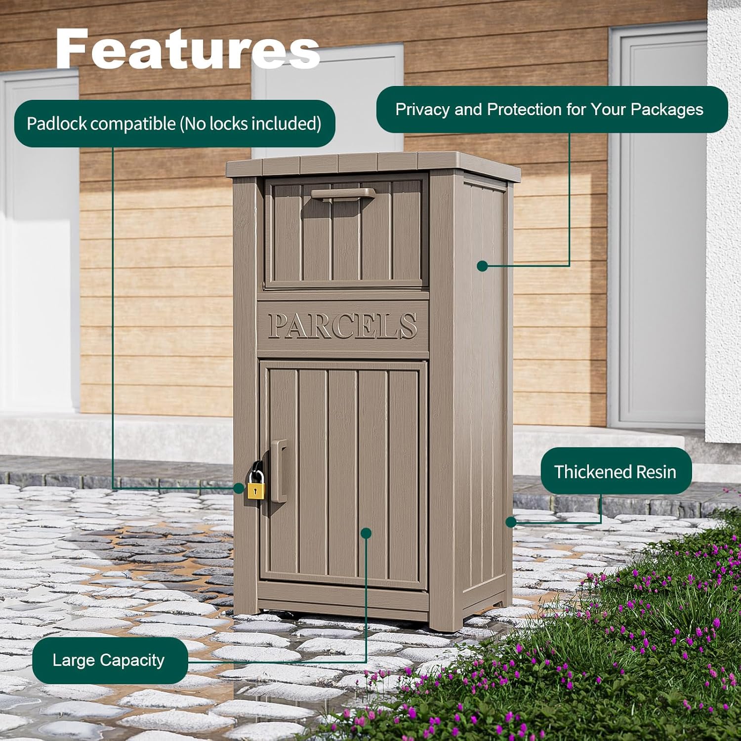 EasyUp Package Delivery Box Outdoor, Weatherproof & UV Resistant Resin Storage Box with Lockable Lid and Flip-Up Delivery Slot, Secure Contactless Parcel Drop Box for Porch (Brown) - Image 6