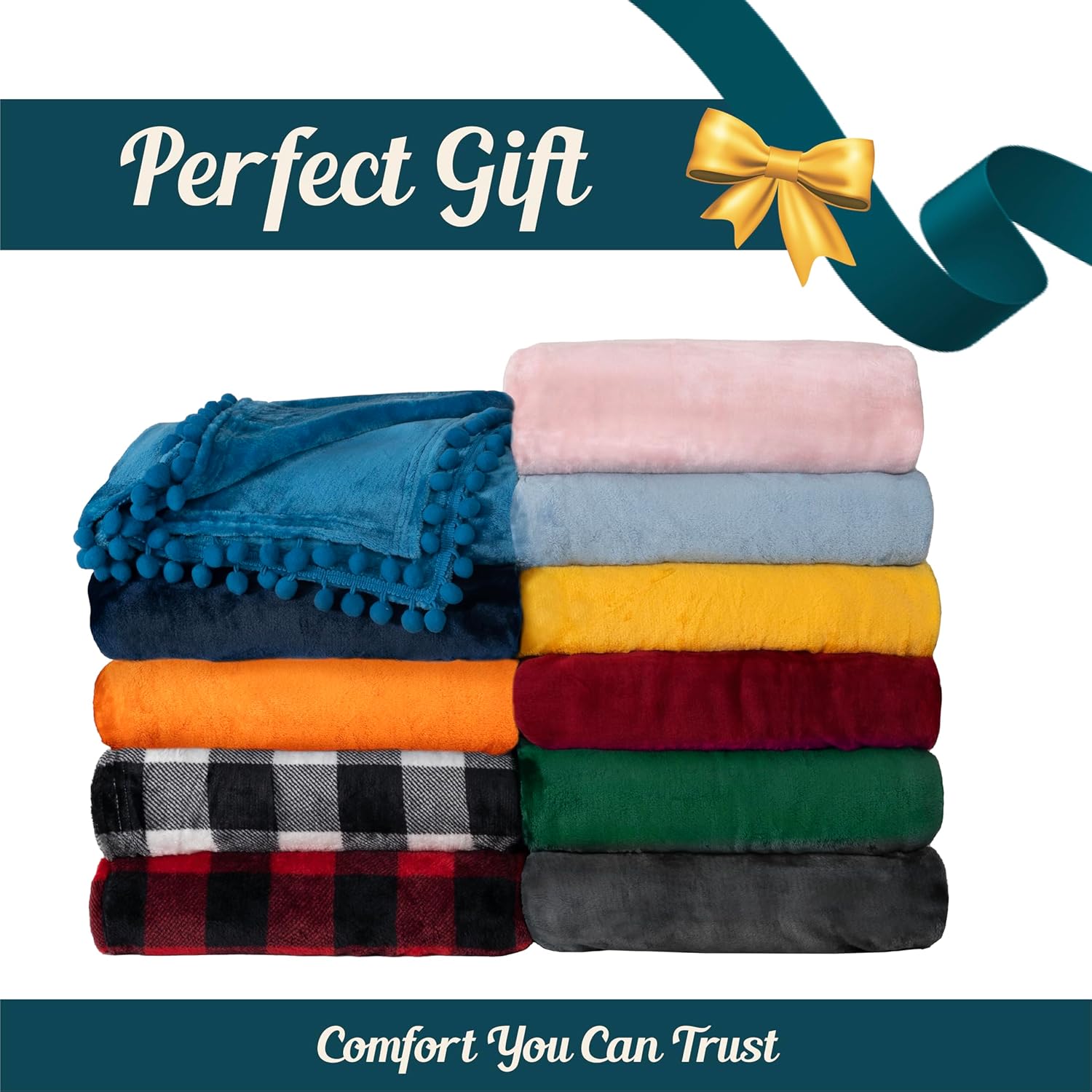 Twin Orange Fleece Pom Pom Fringe Blanket