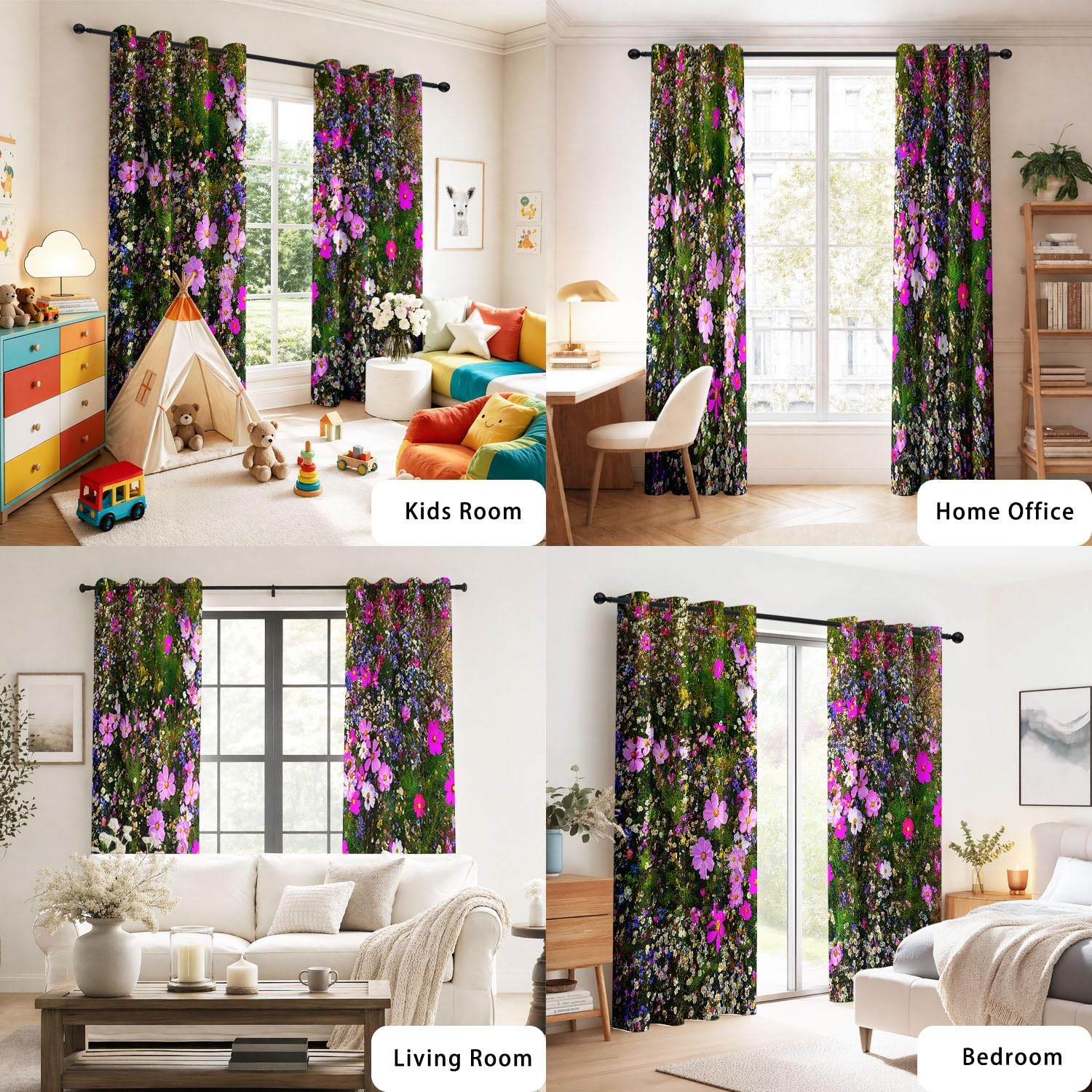 Generisch Kosmeen Gänseblümchen Wildblumen Verdunklungsvorhänge mit Ösen Landhaus Rustikal Blickdichte Gardinen Blackout Vorhang Thermo Weich für Schlafzimmer und Wohnzimmer 2er Set B 91.5 x H 214 cm