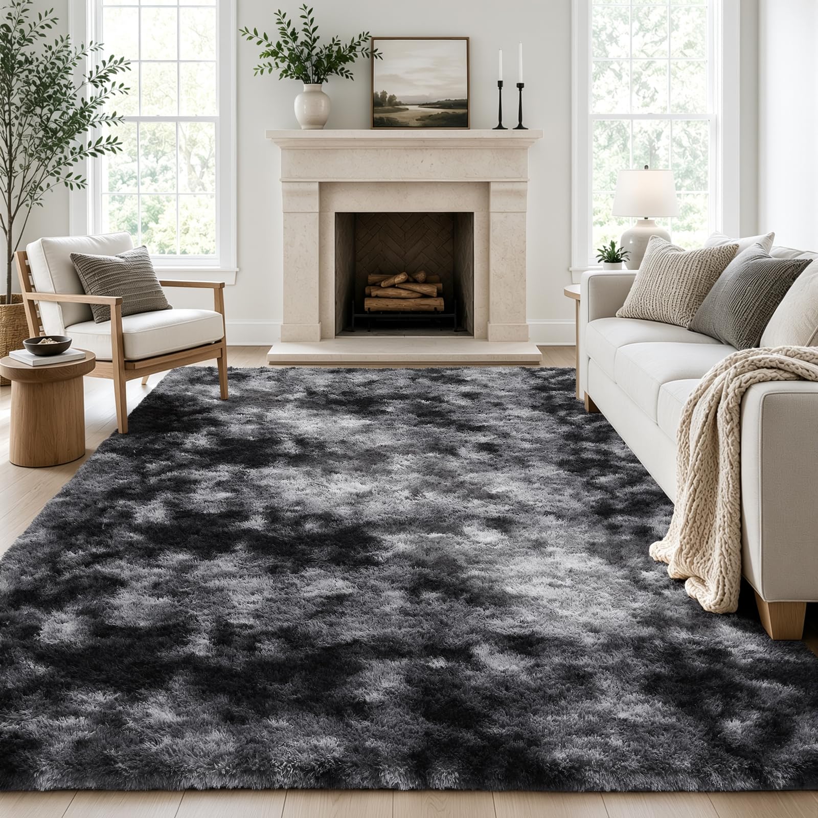 Ophanie Tie-Dyed Black &amp; Grey Area Rugs 5x8 for Bedroom Living Room, Fluffy Shag Fuzzy Carpet, Plush Shaggy Rug, Indoor Carpet for Kids Boys Dorm Home Decor Aesthetic, Nursery with 99 pcs Pile fibers