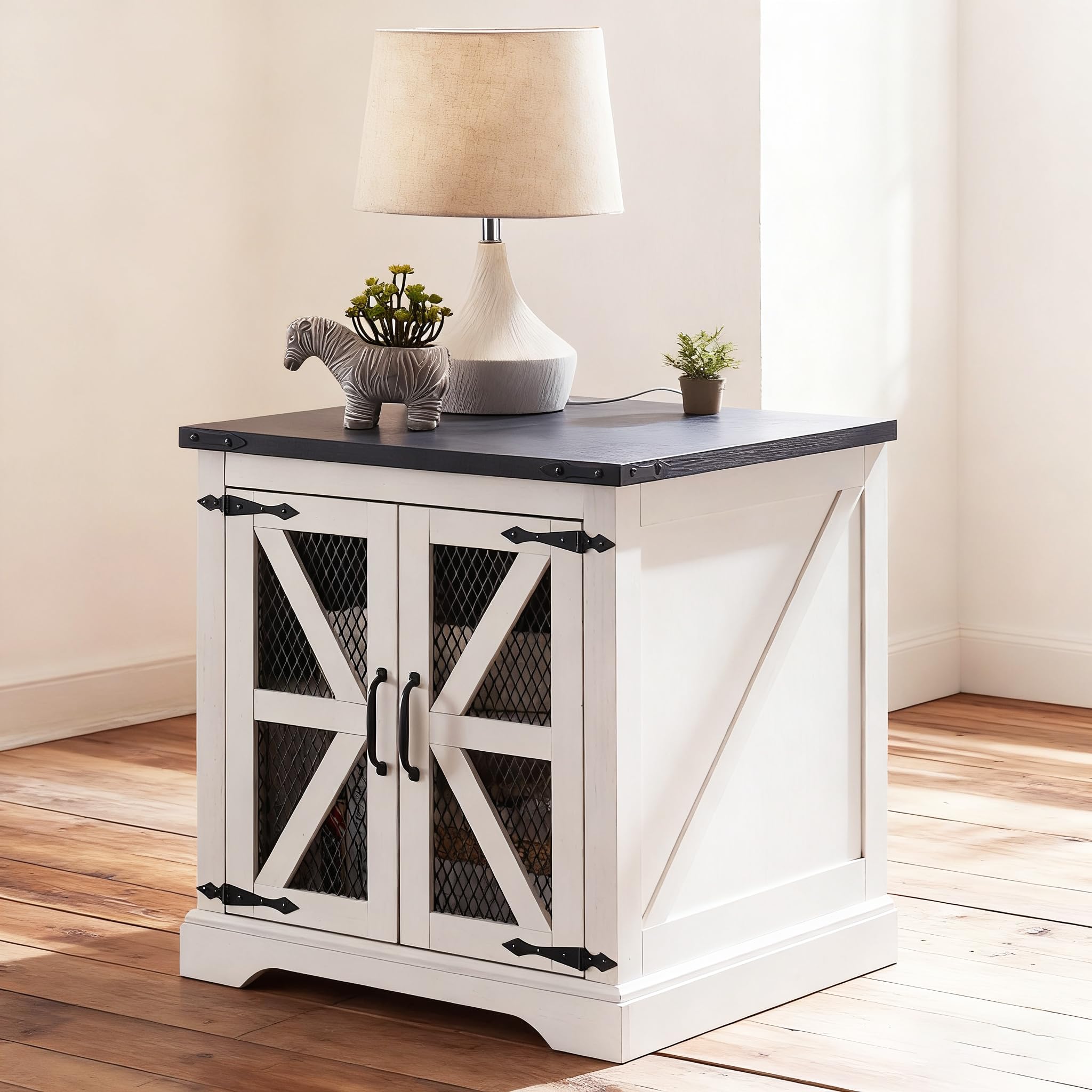 JXQTLINGMU Farmhouse End Table, 24" Large Sofa Side Table with Charging Station, Mesh Barn Door, and Adjustable Storage Shelf, Rustic Wood Square Nightstand for Living Room, Bedroom, Off White