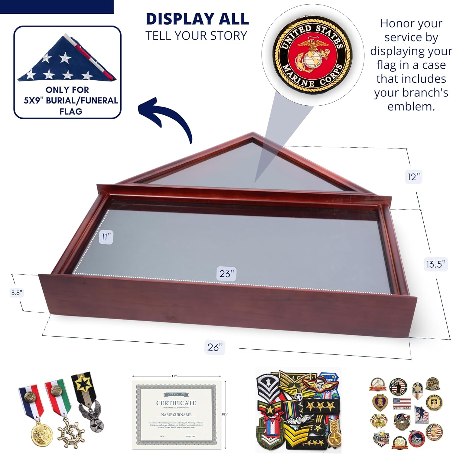 DECOMIL - Large Military Shadow Box Frame Memorial Burial Funeral Flag Display Case for 5x9 Flag, Solid Wood (Mahogany) (Marine)