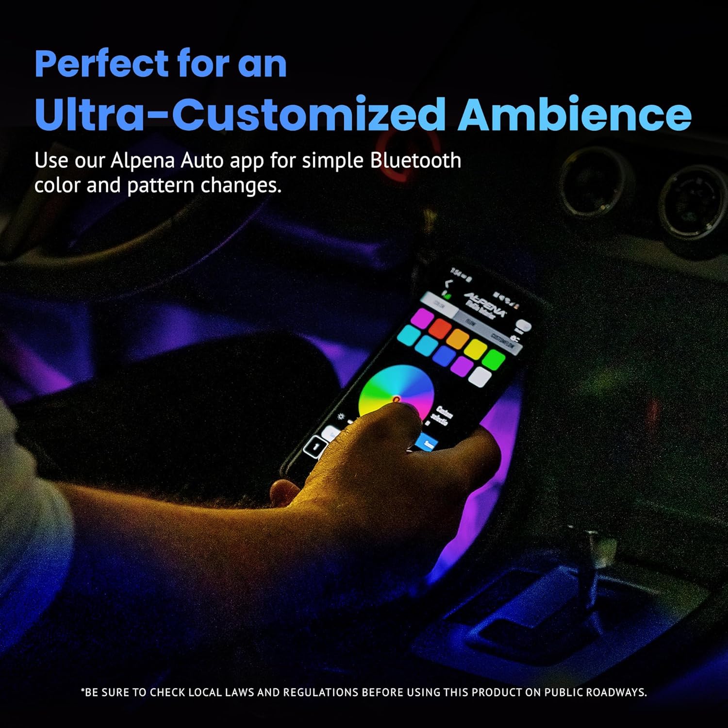 Alpena - FloGlo Interior Bluetooth LED Strip Lights for Cars, Flowing Ambient Lighting Car Interior Stips, Multi-Colored Car Interior Lights, Comes with Downloadable App for Custom Presets, 48 inches