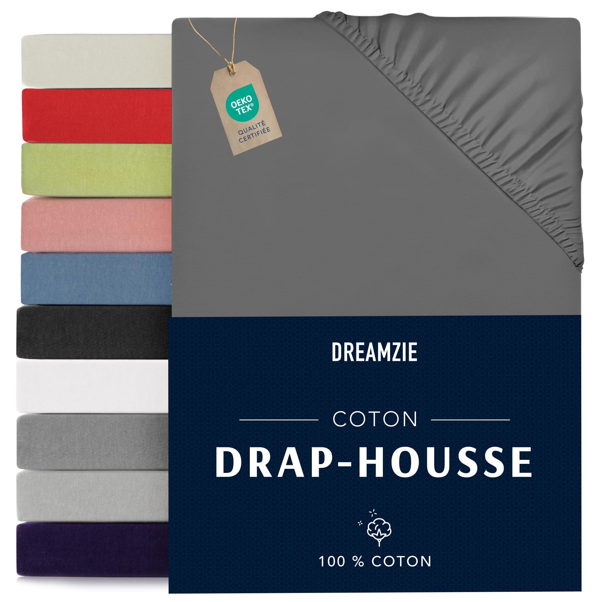 Jersey Cotton Fitted Sheets Grey Anthracite - For Mattress 70 x 200 x 12 cm - Certified Free of Chemical Products (OEKO TEX), Fitted Sheets with Full Elastic