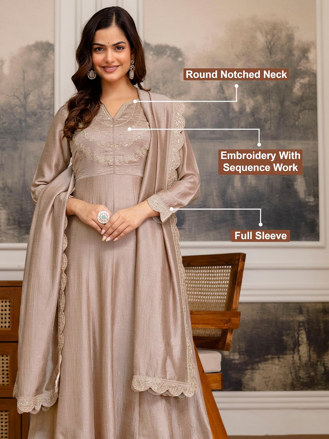 TRENDMALLS Women's Art Silk Embroidery Sequence Work Salwar Suit Set Anarkali Kurta Pant with Dupatta For Women