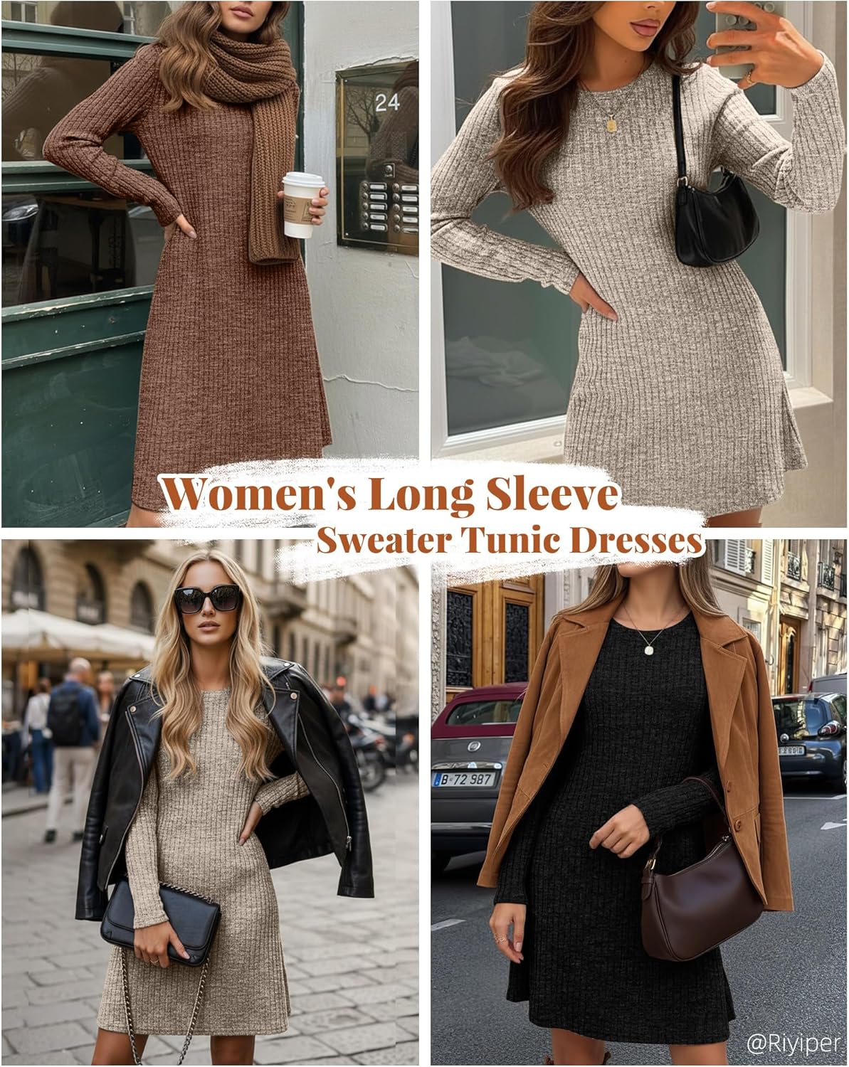 Riyiper 3 Pack Women's Long Sleeve Sweater Tunic Dresses - Loose Fitting Knit Crew Neck for Casual Fall Winter - Image 2