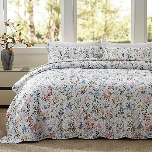 Miniatura 9 de LEAONME Juego de edredón de 3 piezas, tamaño King, color verde oliva, ligero, de gran tamaño, 98 x 106 pulgadas, colcha floral de microfibra suave,