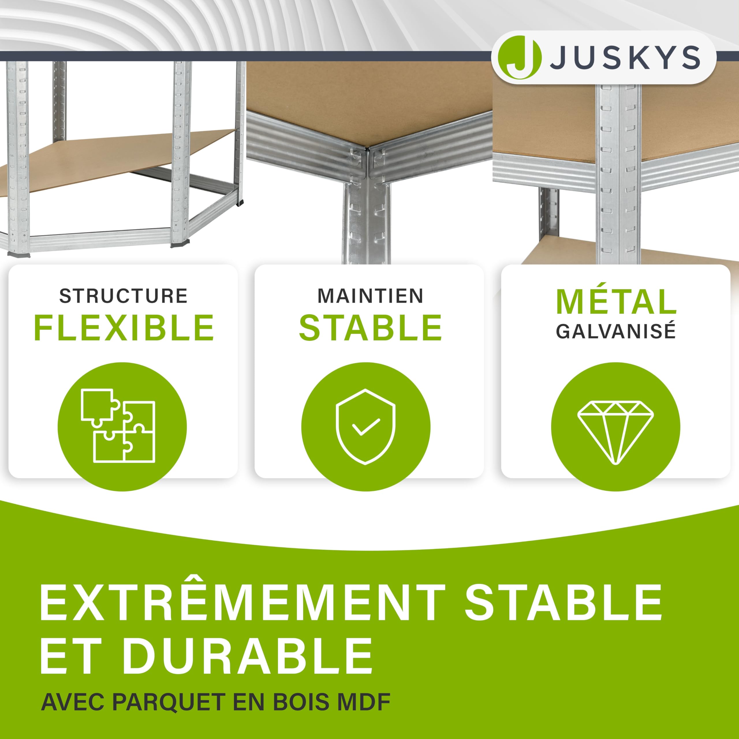 Juskys système de 3 étagères Basic| 1 étagère d'angle et 2 étagères de Stockage | 15 Planches en Bois MDF | 2 625 kg | Étagères pour Charges Lourdes étagère de Stockage étagère de Cave (argenté)