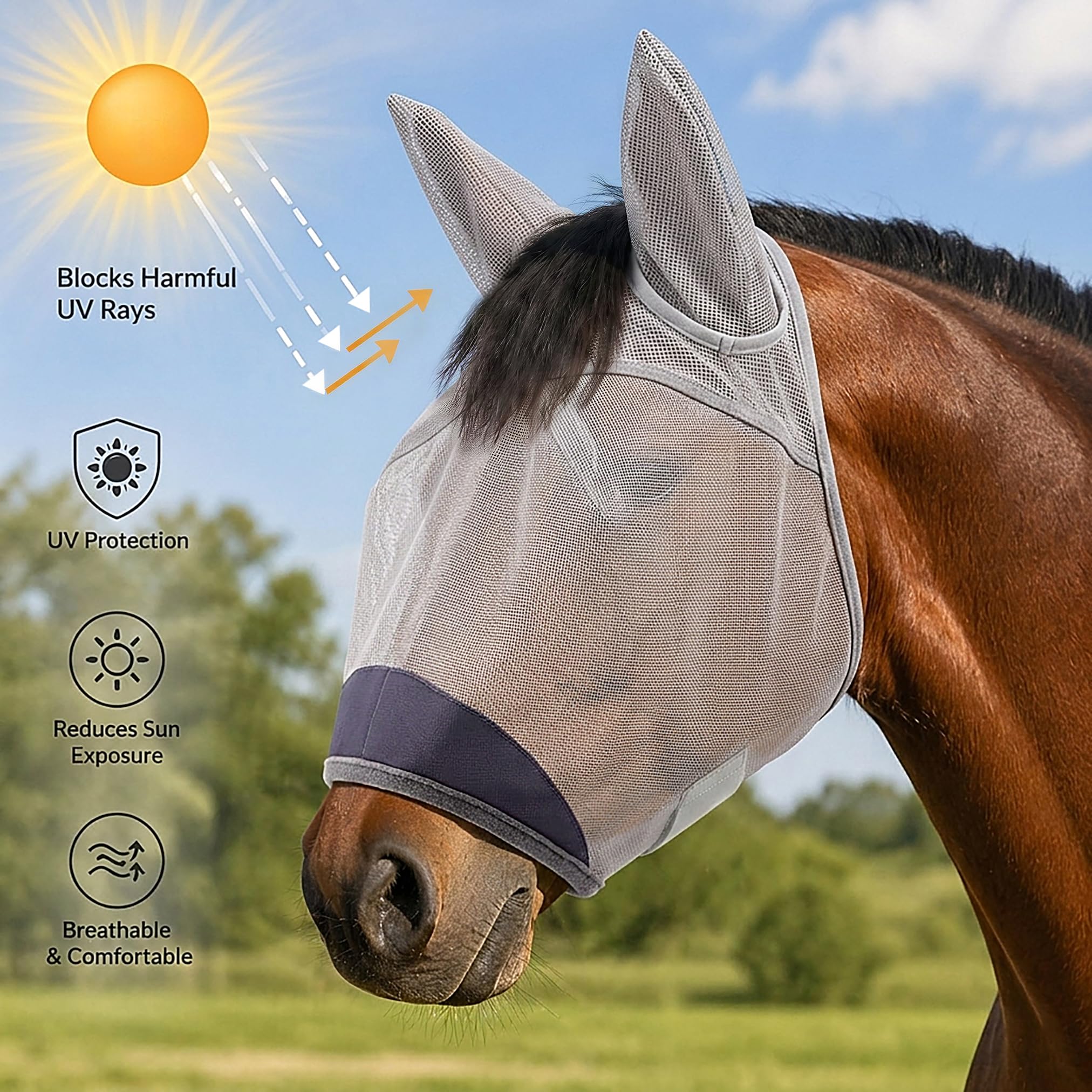 Horse Fly Mask with Ears - UV Protection Fine Mesh Super Comfort Fly Masks for Horses, Adjustable Breathability Horses Masks, Pony Equine Fly Mask for Miniature Foal Draft Cob Srabian Full (Gray, L) - image 2