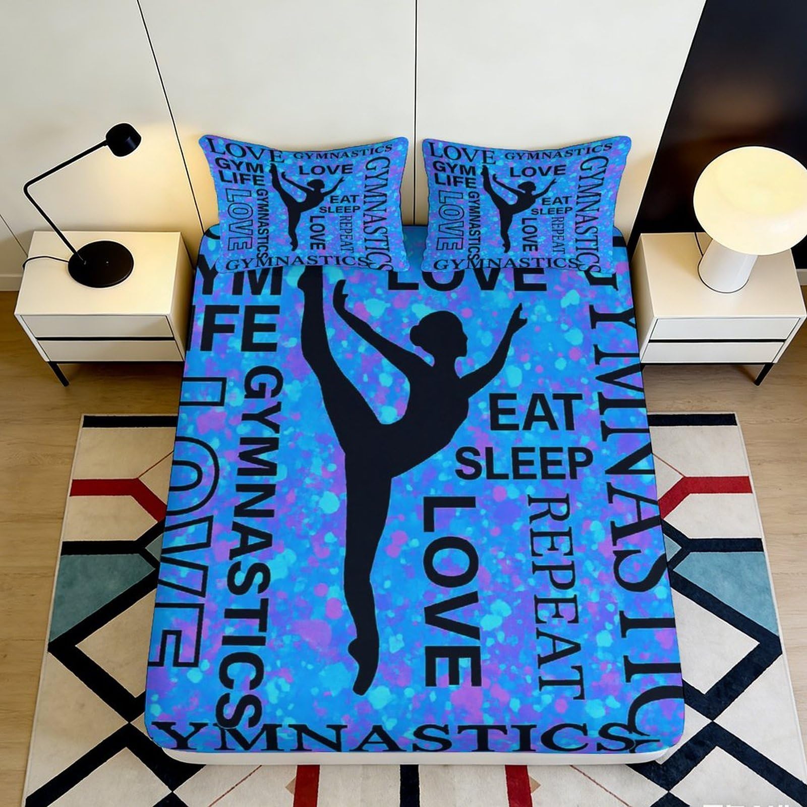 3D Printed Gymnast Silhouette Fitted Sheet Microfiber Blue Artistic Mattress Cover for Bedroom Dorm Room Decor 90x200x25cm