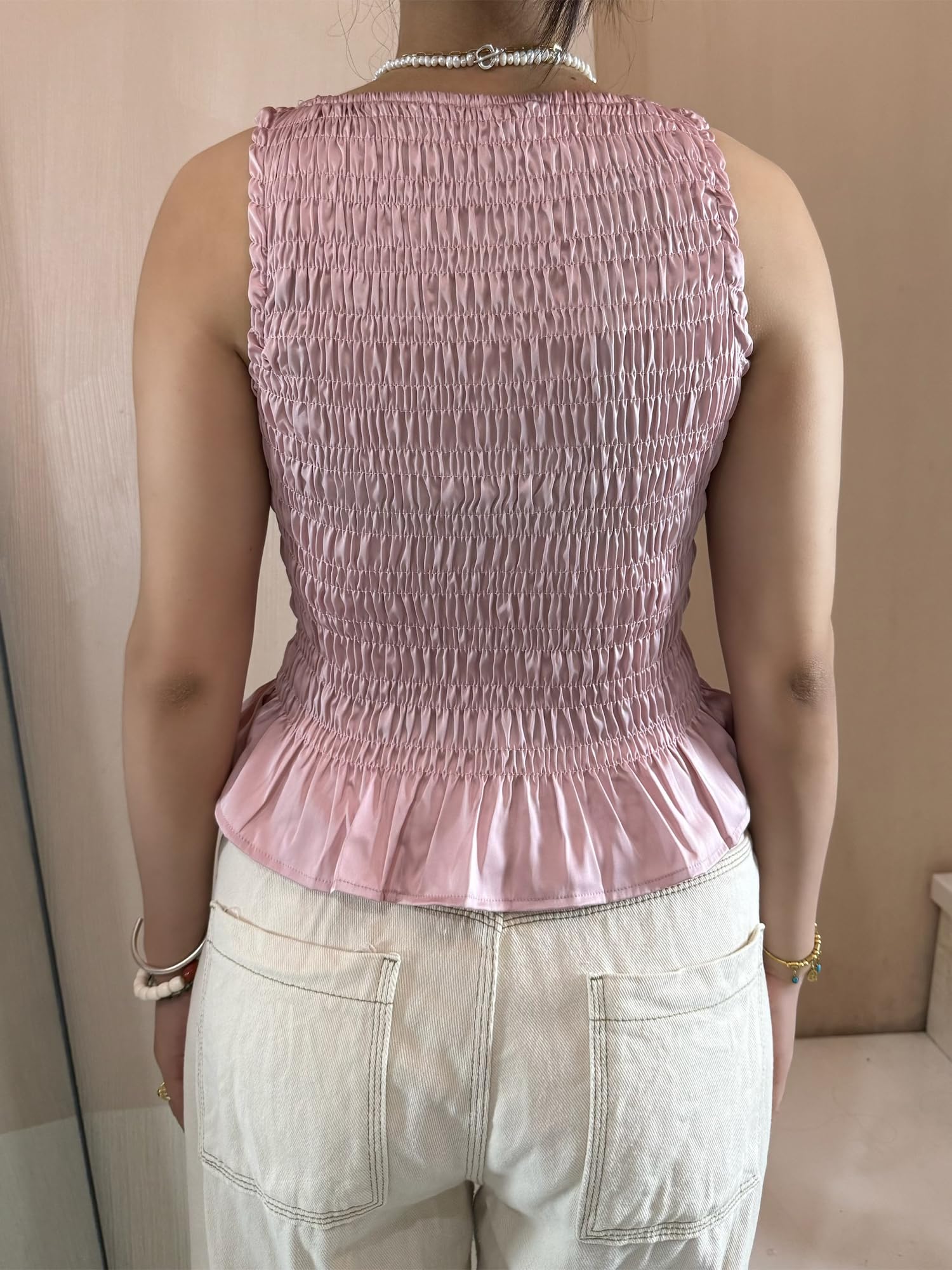 Sexy Outfit Camiseta sin Mangas con Cuello Barco y Dobladillo con Volantes para Mujer, Blusa de Verano Ajustada con Pliegues para Uso Diario Informal