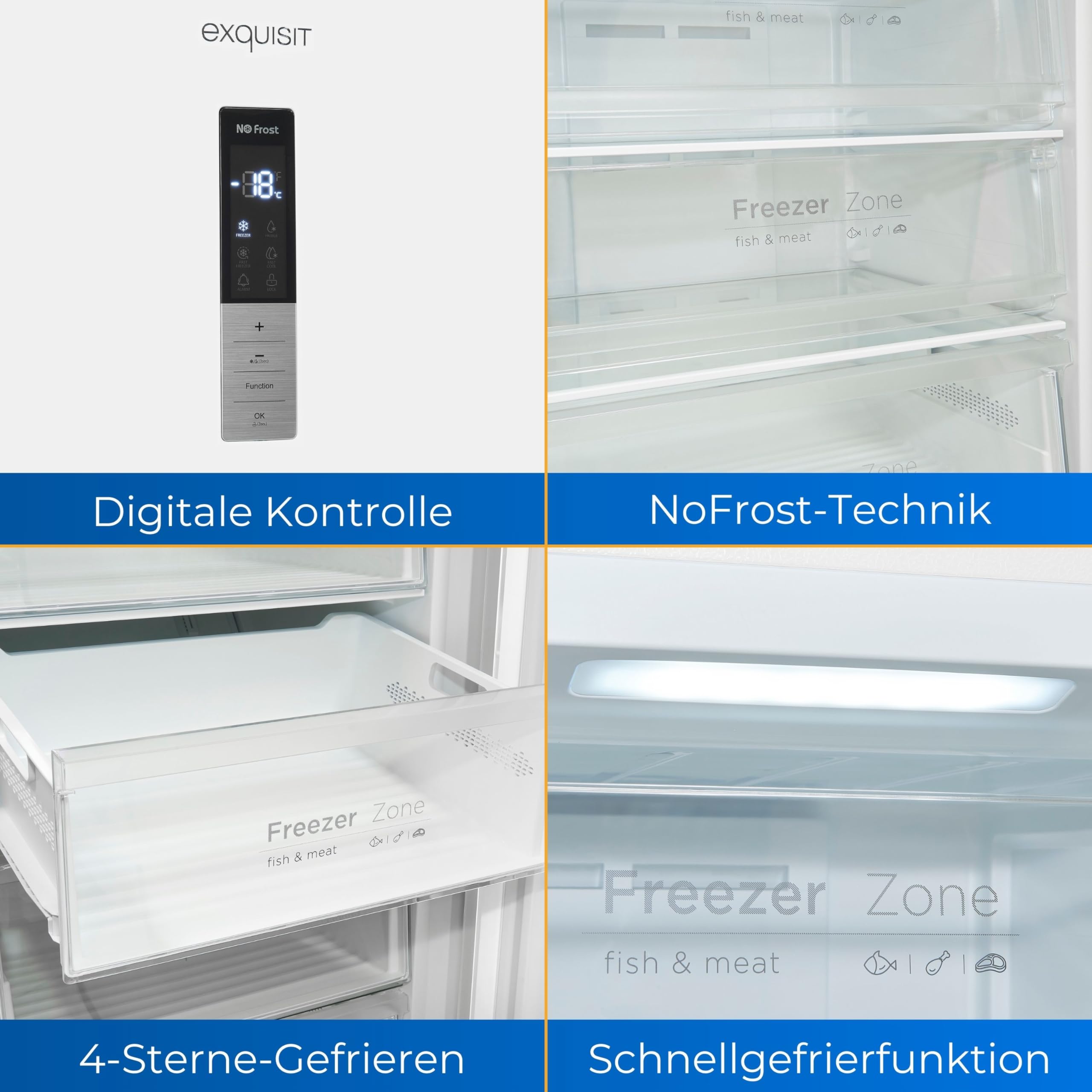 Exquisit GS380-NF-H-050D Gefrierschrank - No Frost, 380 L, Weiß | Großer Standgefrierschrank mit 380 Litern Nutzinhalt, 4-Sterne-Gefrierleistung, LED-Licht und Alarm-Funktion