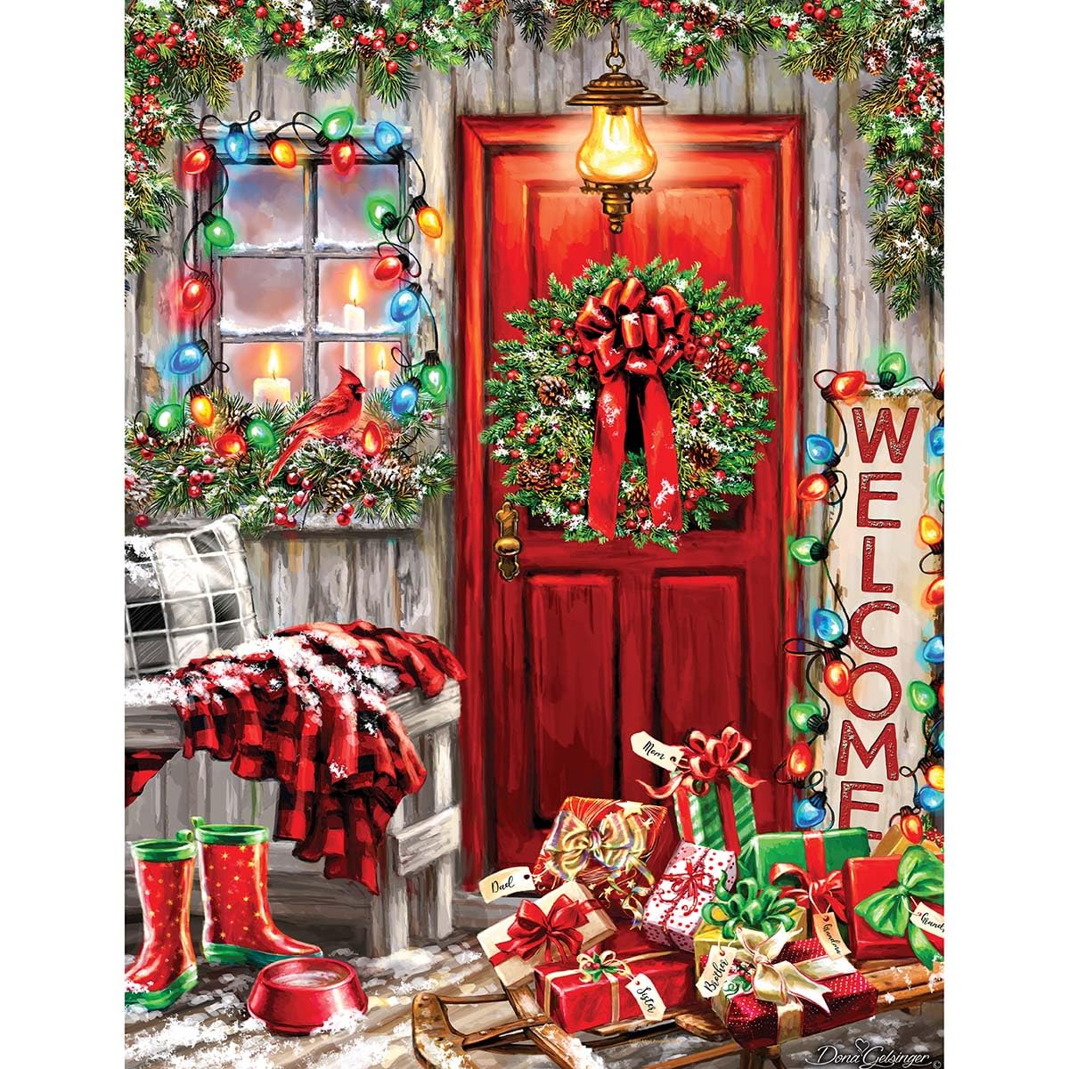 Springbok Home for The Holidays 500 Piece Jigsaw Puzzle - Colorful Illustration of Red Cabin Door Decorated for The Holidays