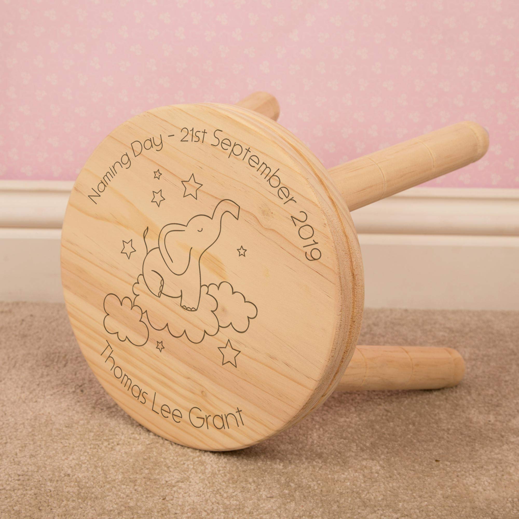 Elephant in Clouds Personalised Child Name Stool. Laser Engraved. Baby Boy, Girl