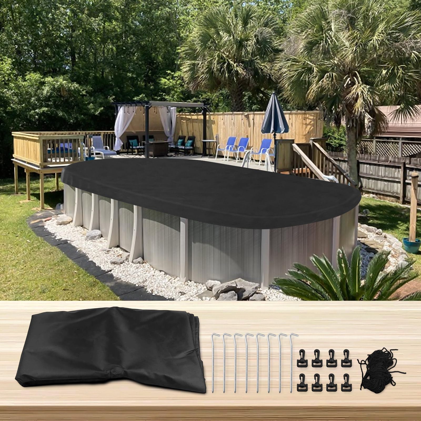 Ovale Poolabdeckung mit Zubehör für Oberirdische Pools, Pool Abdeckung Oval, Abdeckplane Poolabdeckung, um BläTter und Anderen Schmutz zu Blockieren(213 x 305 cm)