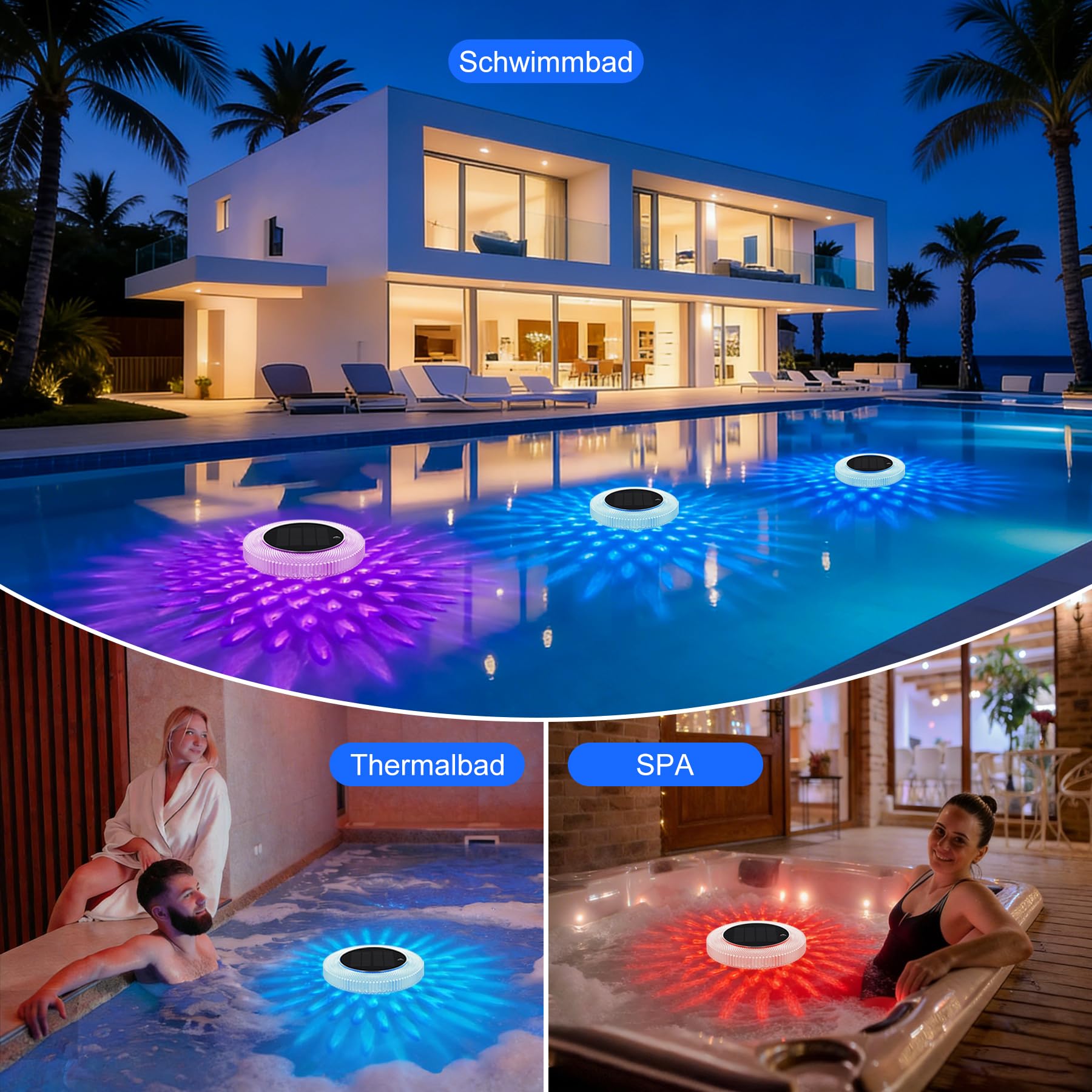 sylvwin Ionizador Solar para Piscinas ánodos de Cobre, purificador de Agua Flotante con ánodo de Cobre para Piscinas, iluminación Solar para Piscinas, Luces solares RGB
