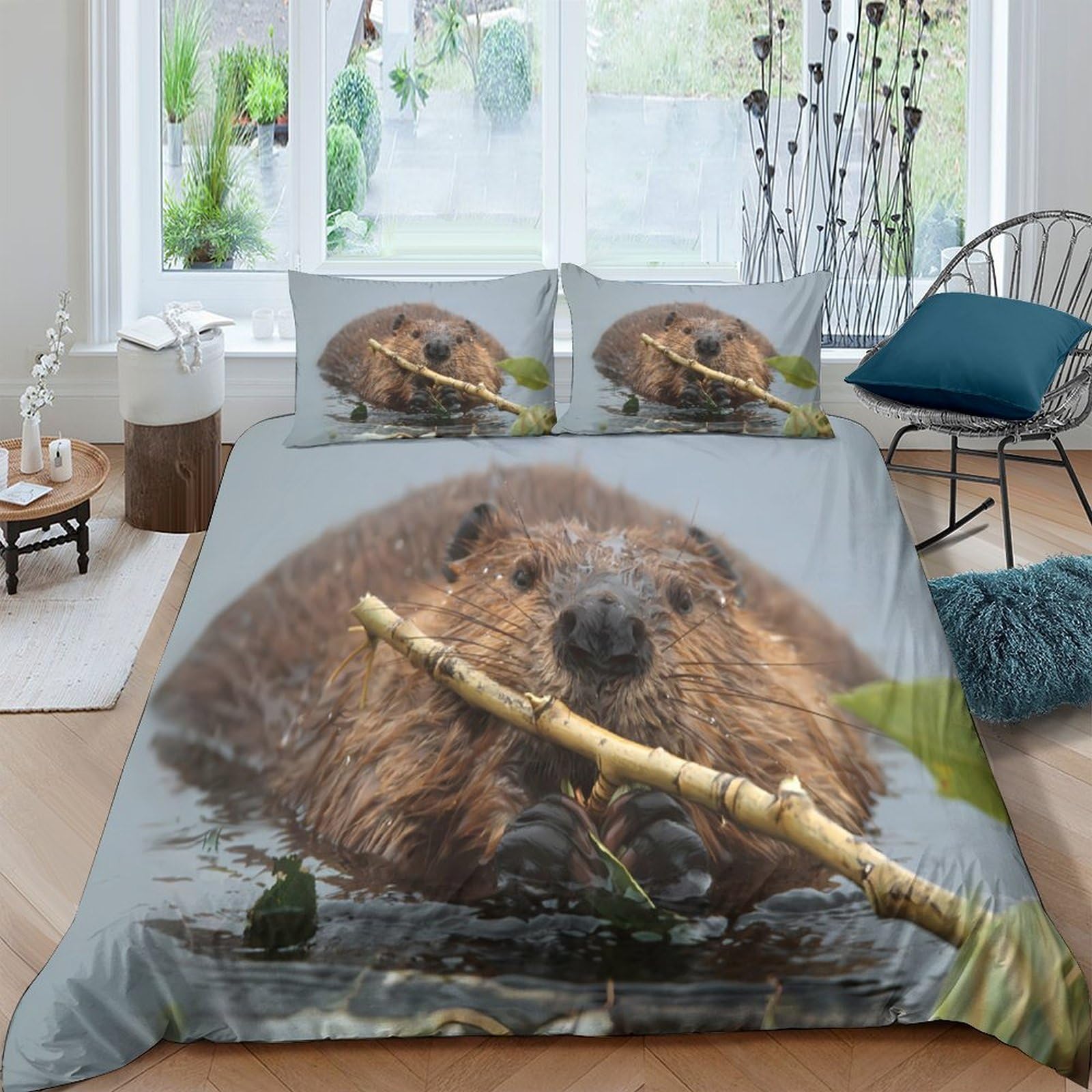 GPLZQXKJNH 3D Printed Beaver Forest Duvet Cover Microfiber Soft Breathable River Animal Bedding Set with 2 Pillowcases for Bedroom Decor Single（135x200cm）