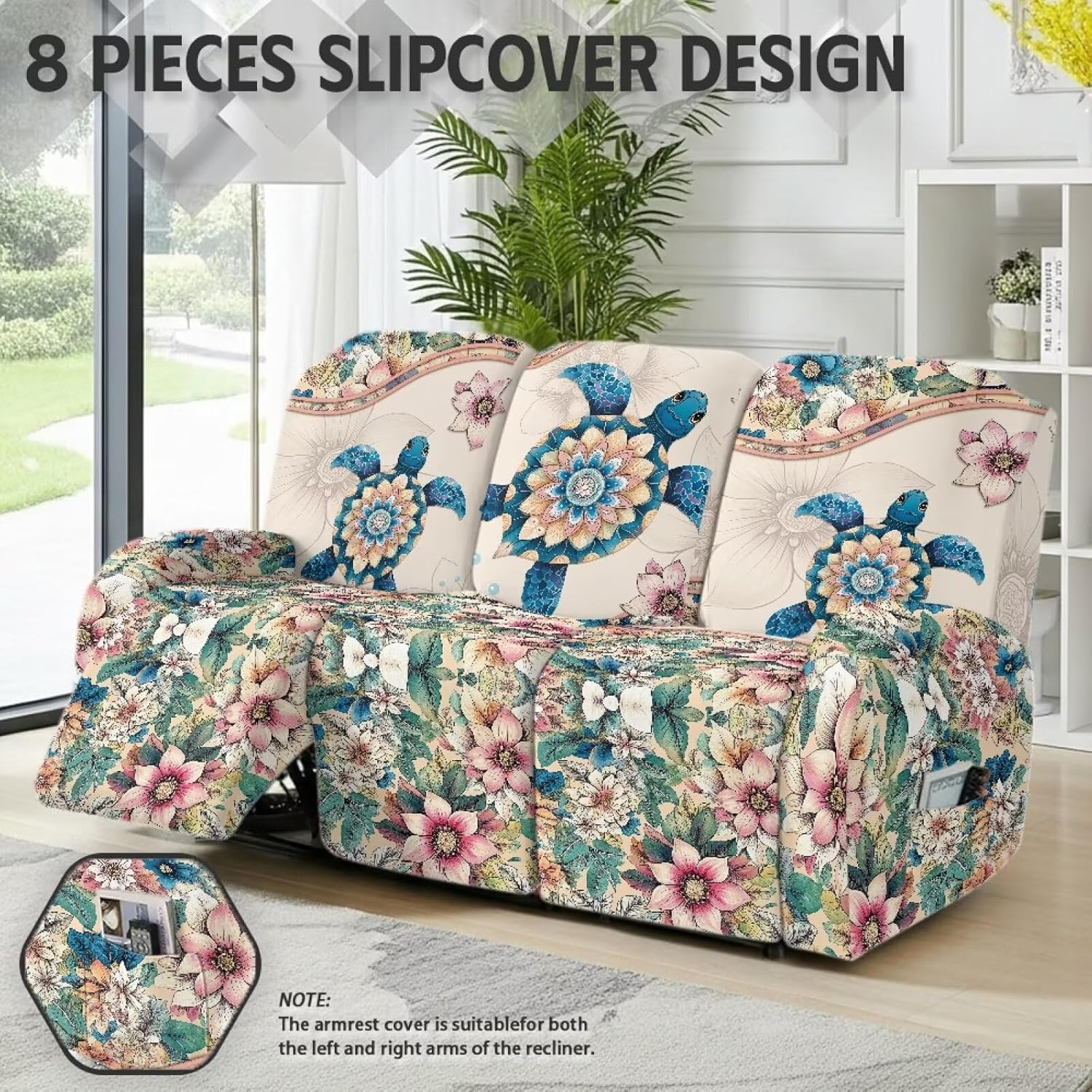 Bohemia Turtle Recliner Sofa Covers 3 Seater Boho Floral Stretch Recliner Couch Slipcovers with Elastic Band Large Universal Reclining Sofa Furniture Protector