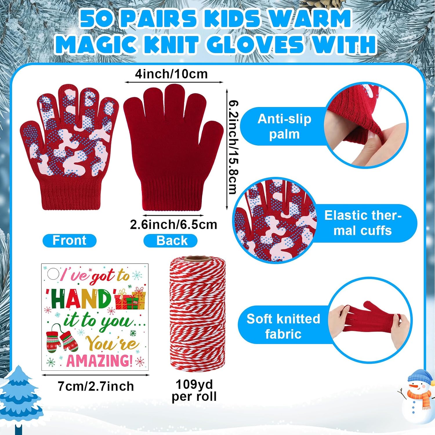 Toulite 50 Pairs Kids Knit Gloves Winter Bulk with Gift Tag Non Slip Warm Ski Mitten for 5-10 Boy Girl Cold Weather - Image 2