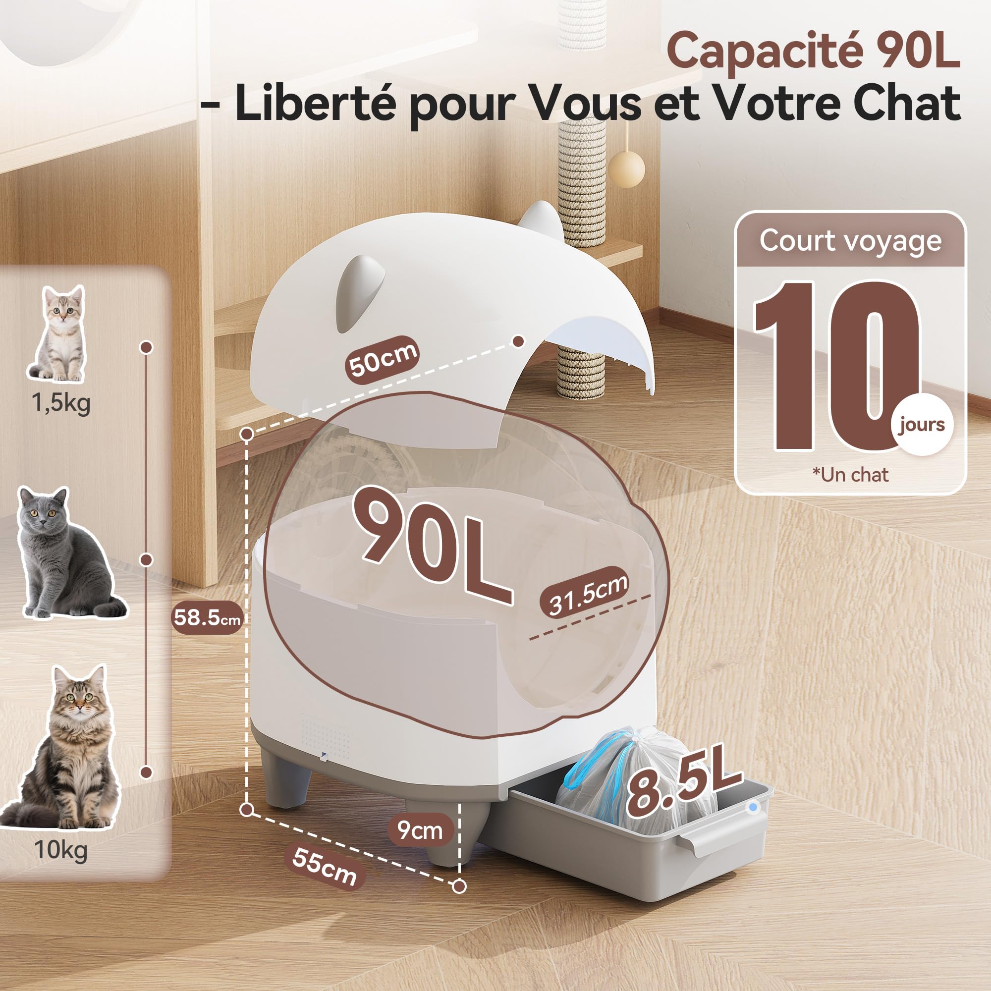 Devoko Litiere Chat Autonettoyante Automatique, Bac Litiere pour Chat XXL 90L, Design en Forme d'oreilles de Chat, Système de Sécurité à Six Niveaux, avec Fonction Désodorisante, Compatible avec APP