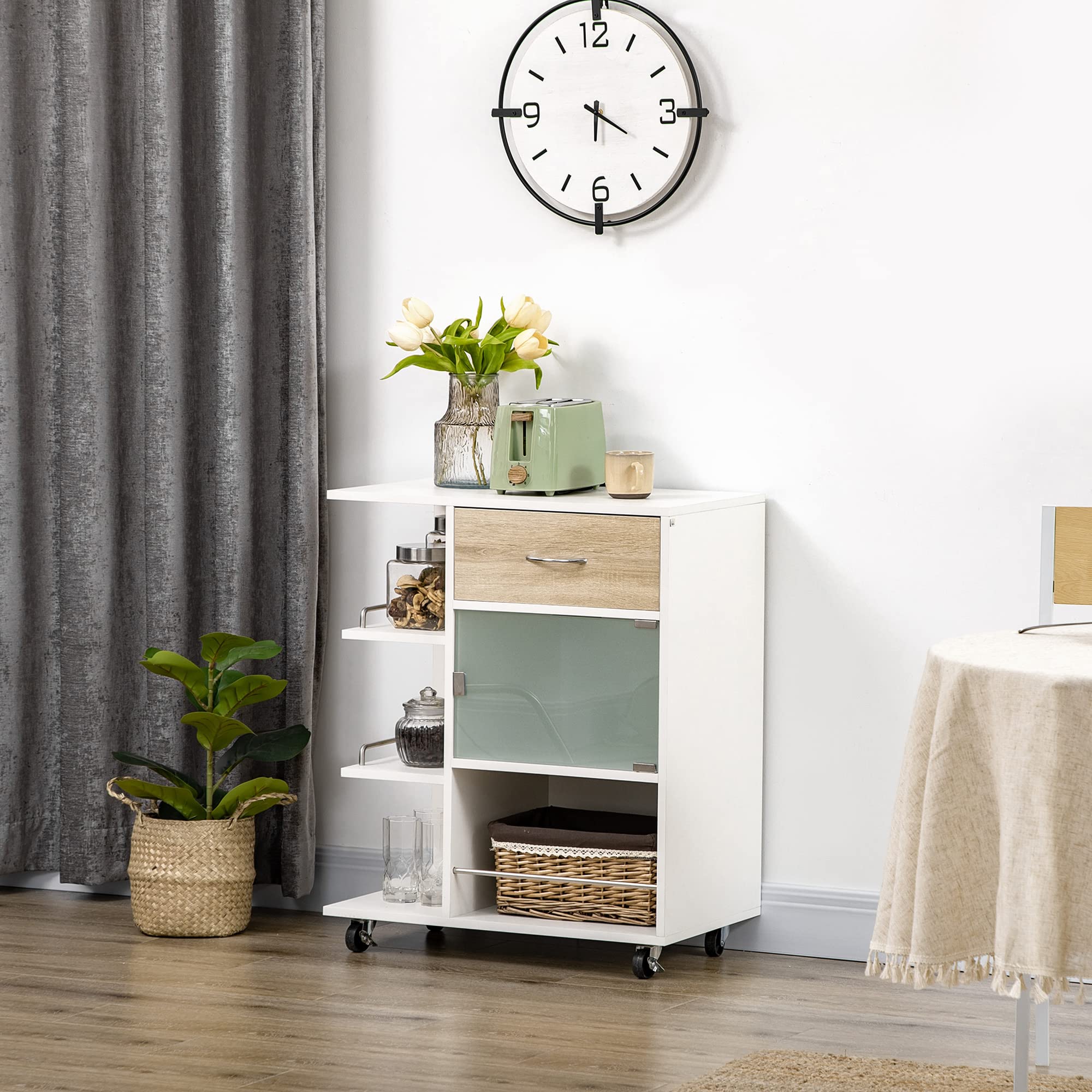 HOMCOM Desserte de Cuisine, Chariot de Service, Roues pivotantes 360°, étagères avec barrières, îlot Central Cuisine, avec tiroir, étagères, Placard, 65 x 39 x 80 cm, Blanc