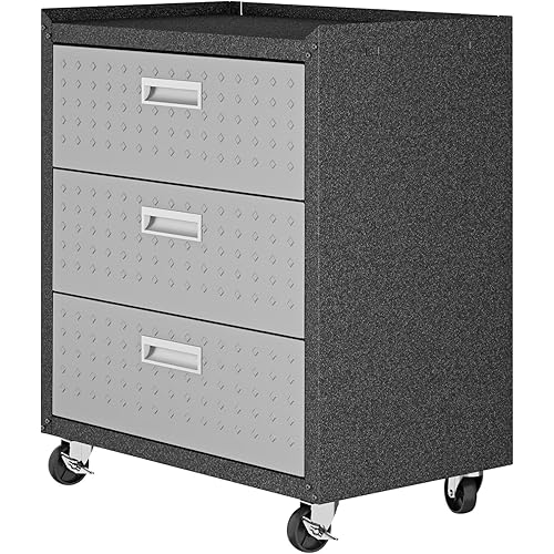 Manhattan Comfort Fortress Collection Convenient Durable Mobile Garage Chest Great for Tools and Supplies, Dark Charcoal Gray/Silver